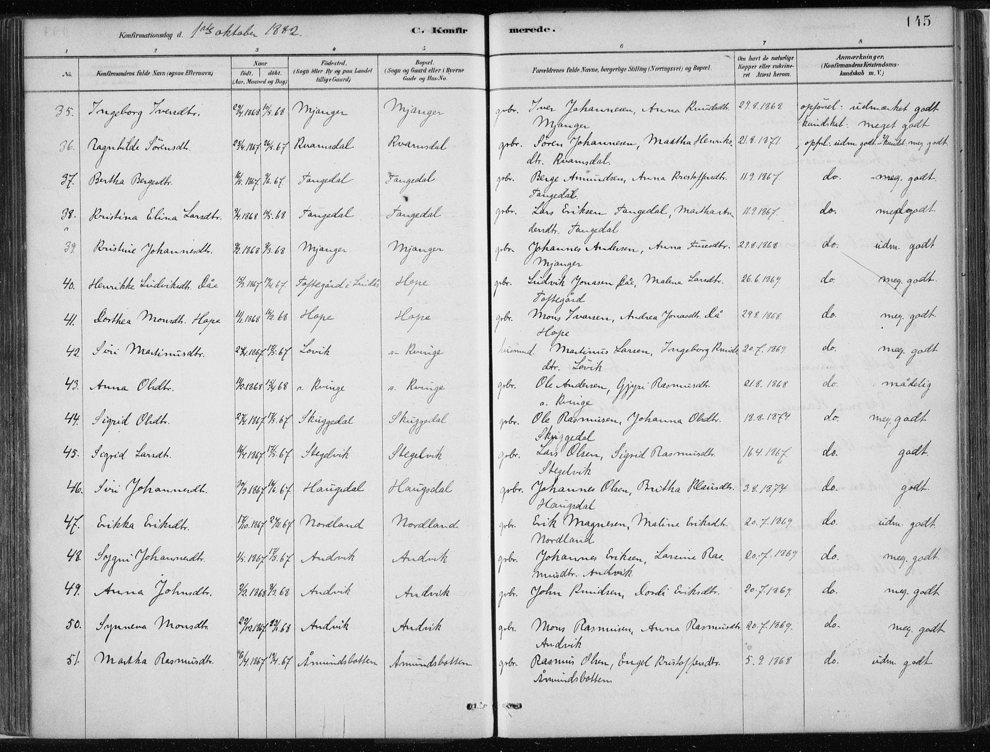 Masfjorden Sokneprestembete, SAB/A-77001: Parish register (official) no. B  1, 1876-1899, p. 145