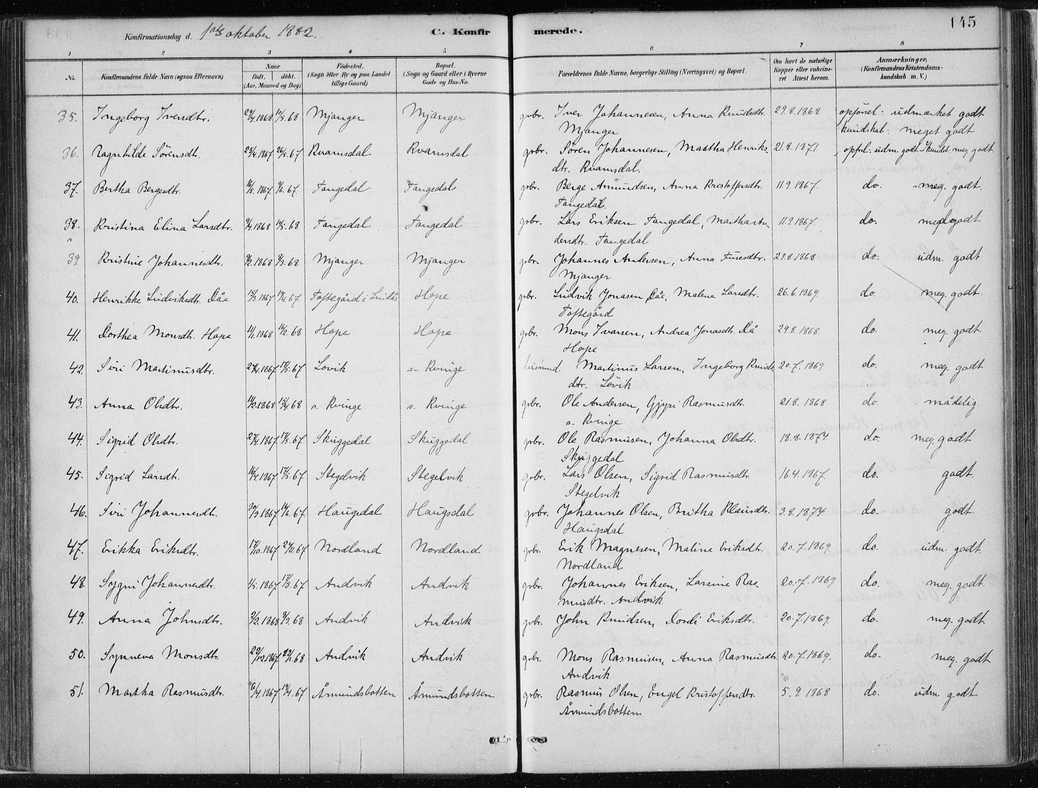 Masfjorden Sokneprestembete, AV/SAB-A-77001: Parish register (official) no. B  1, 1876-1899, p. 145