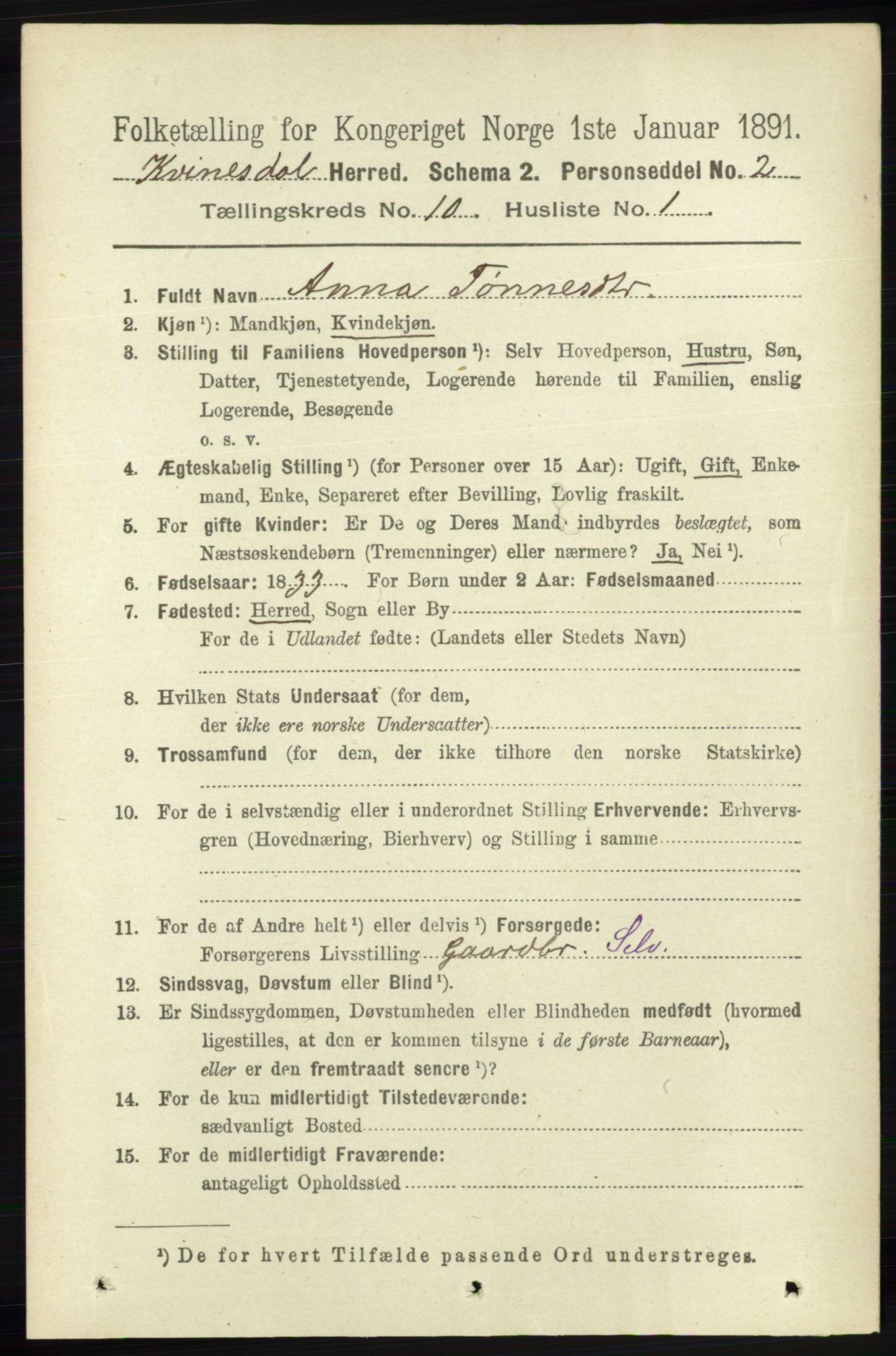 RA, 1891 census for 1037 Kvinesdal, 1891, p. 3860