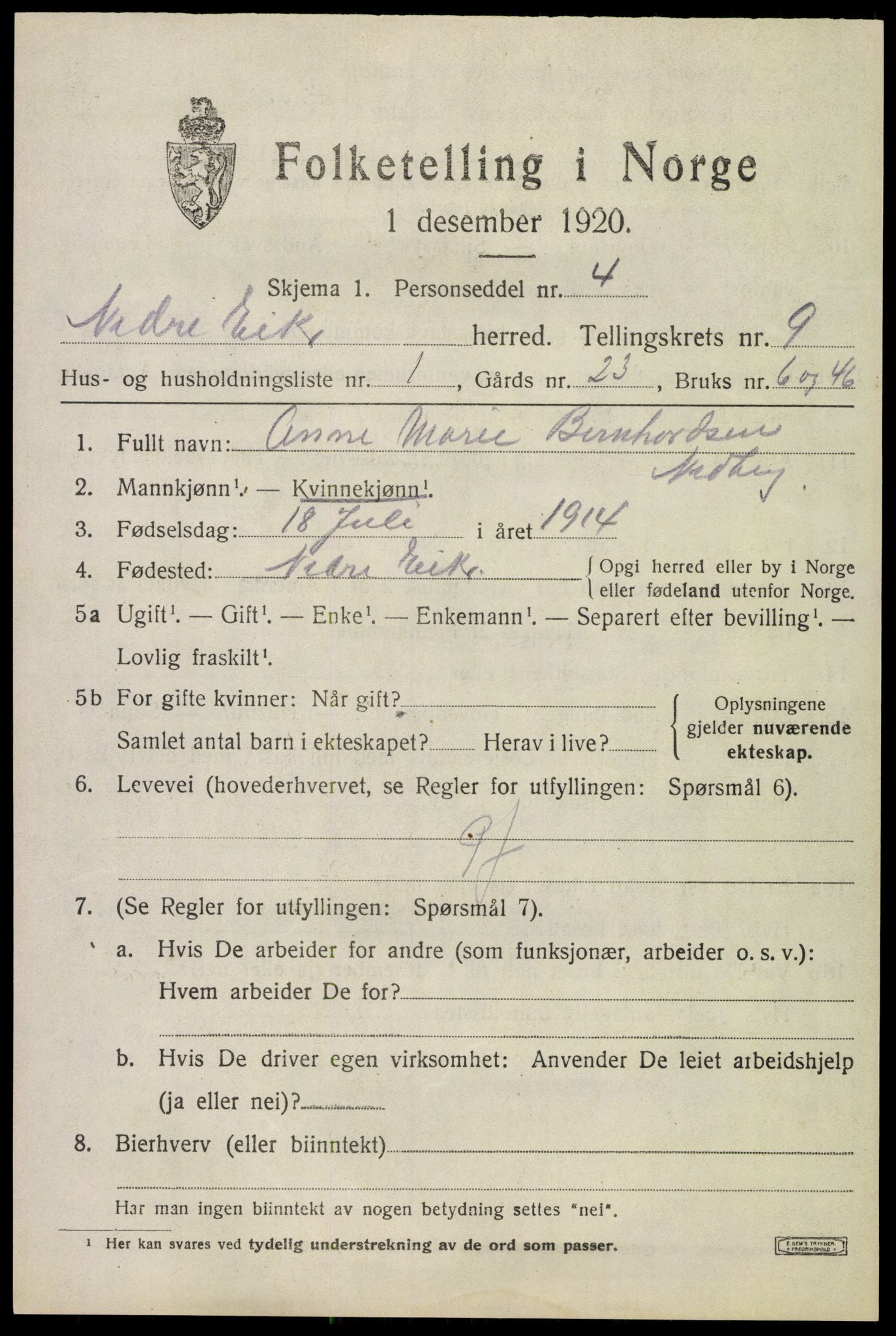 SAKO, 1920 census for Nedre Eiker, 1920, p. 9263