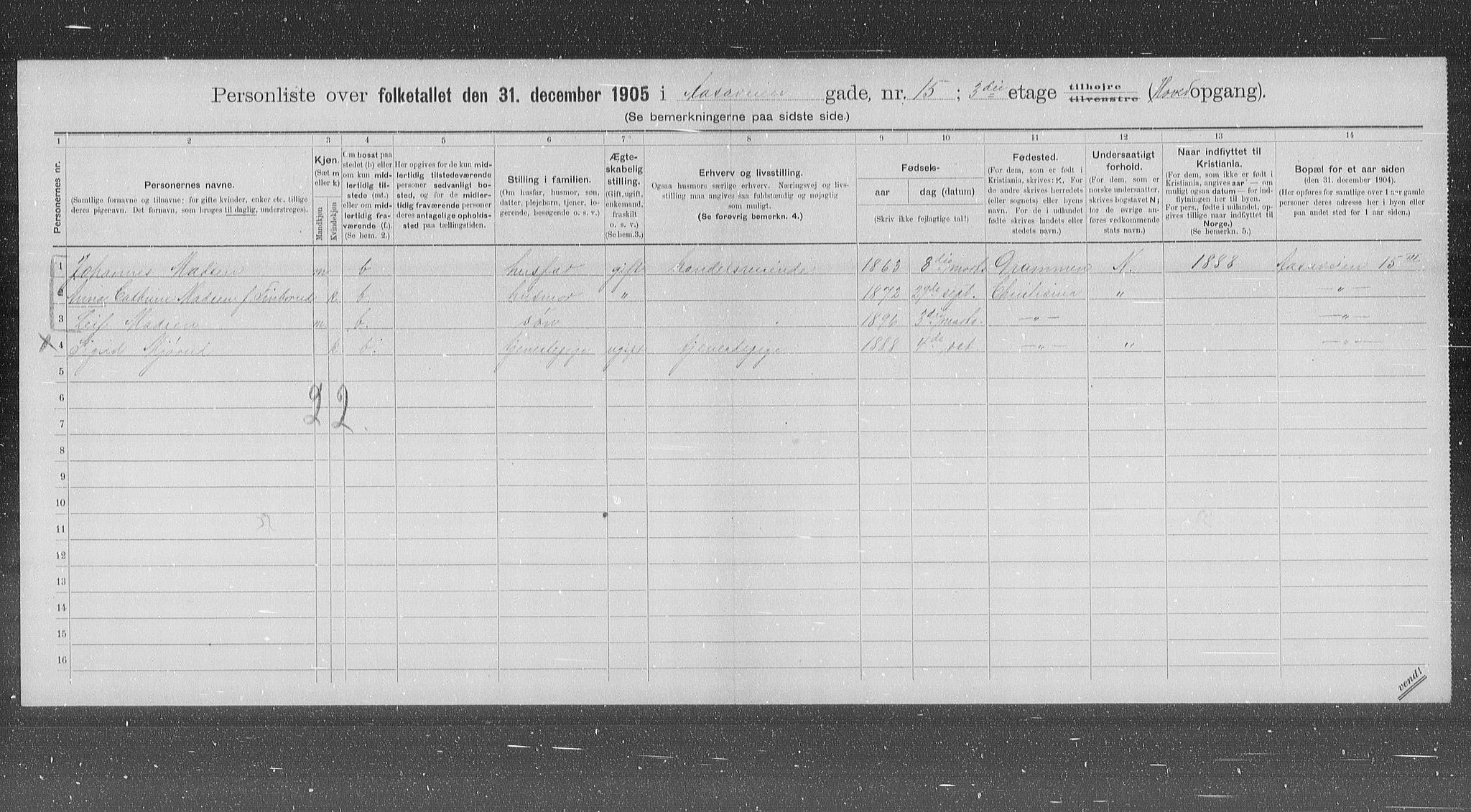 OBA, Municipal Census 1905 for Kristiania, 1905, p. 68887