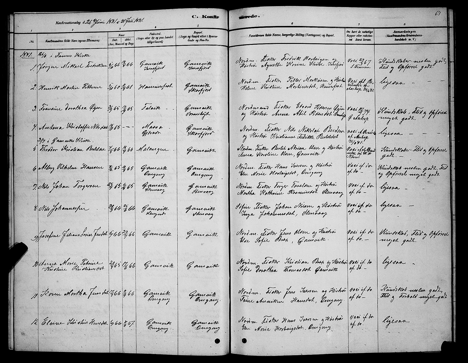 Tana sokneprestkontor, SATØ/S-1334/H/Hb/L0005klokker: Parish register (copy) no. 5, 1878-1891, p. 67