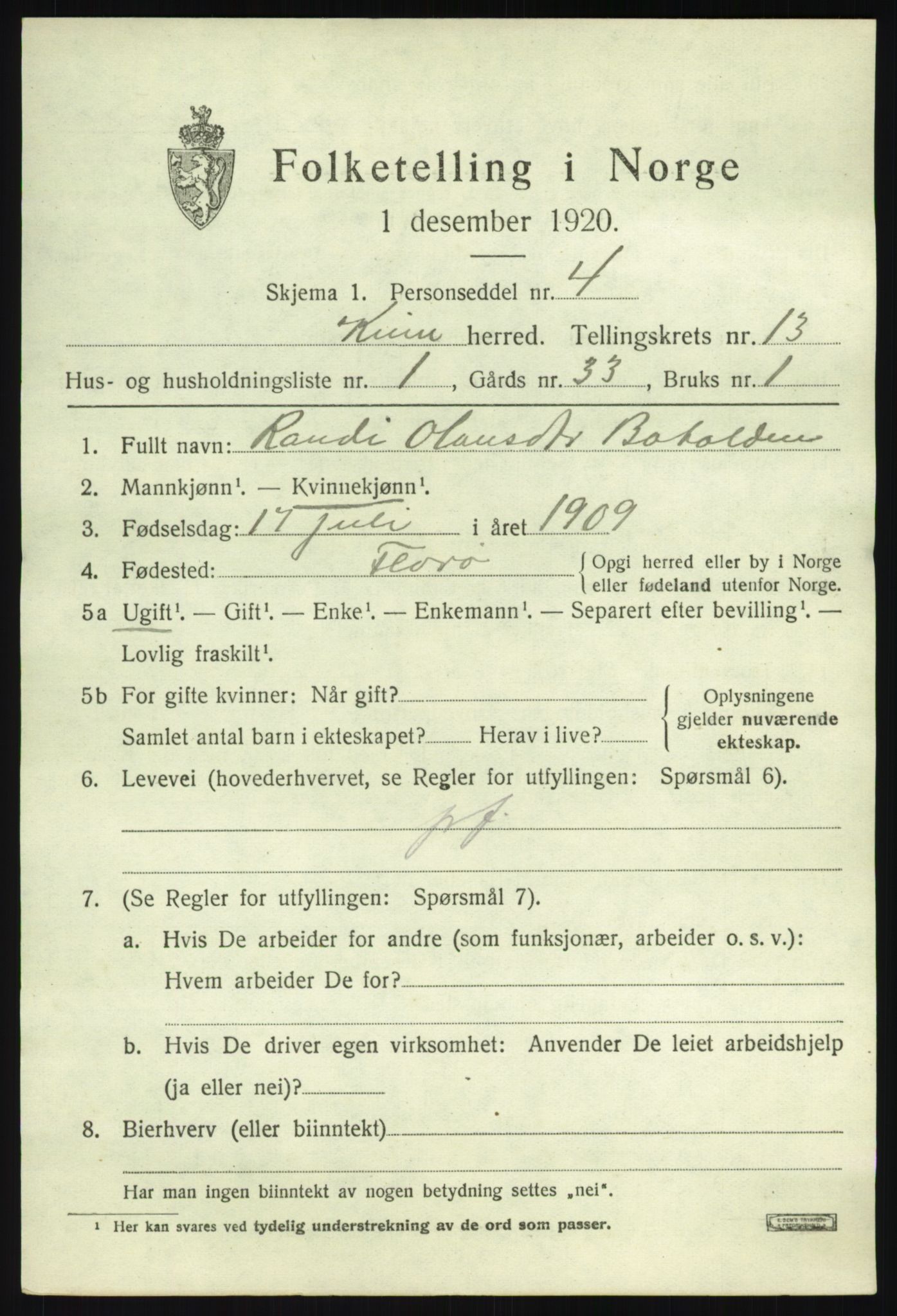 SAB, 1920 census for Kinn, 1920, p. 4679