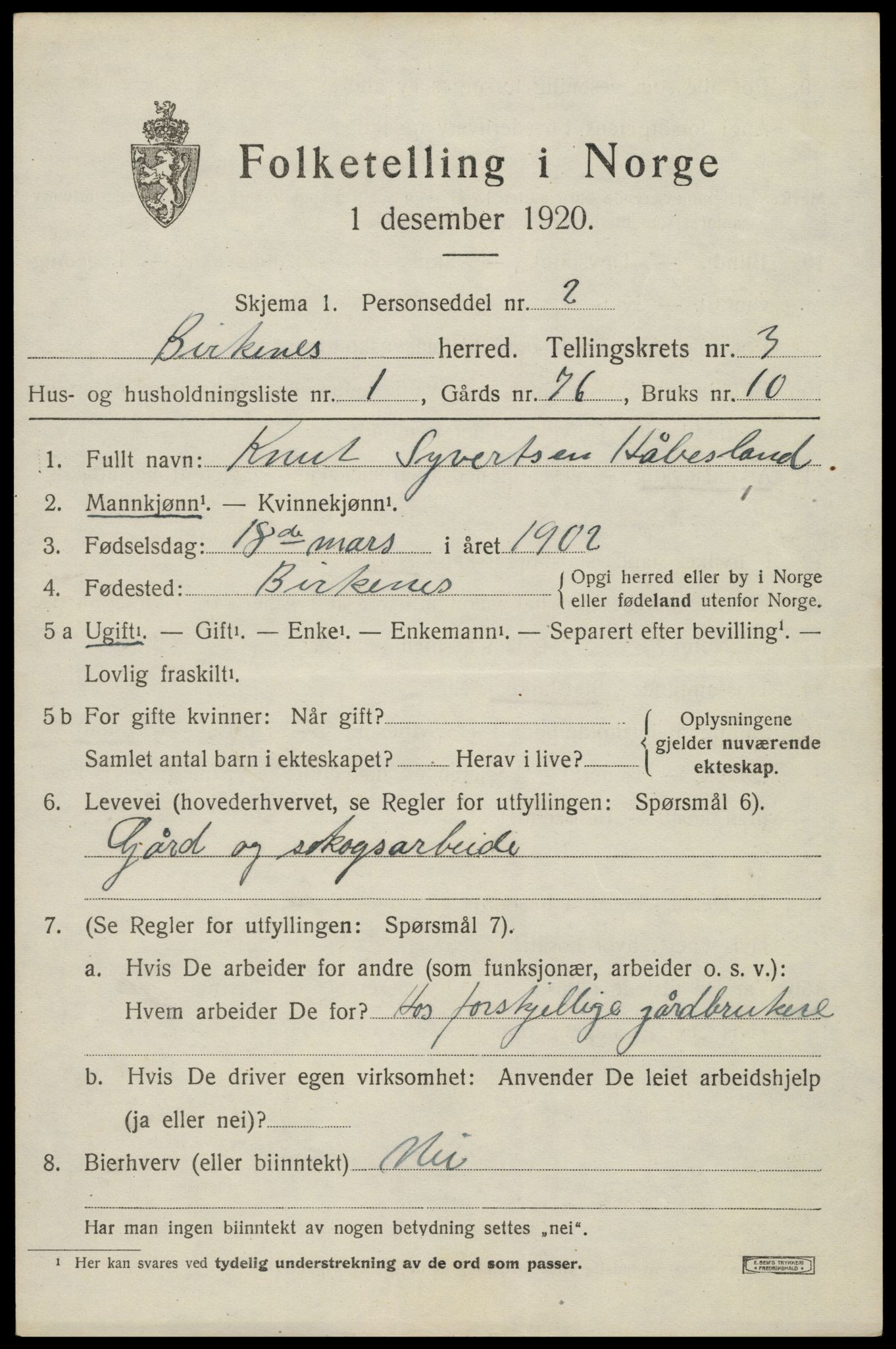 SAK, 1920 census for Birkenes, 1920, p. 1423