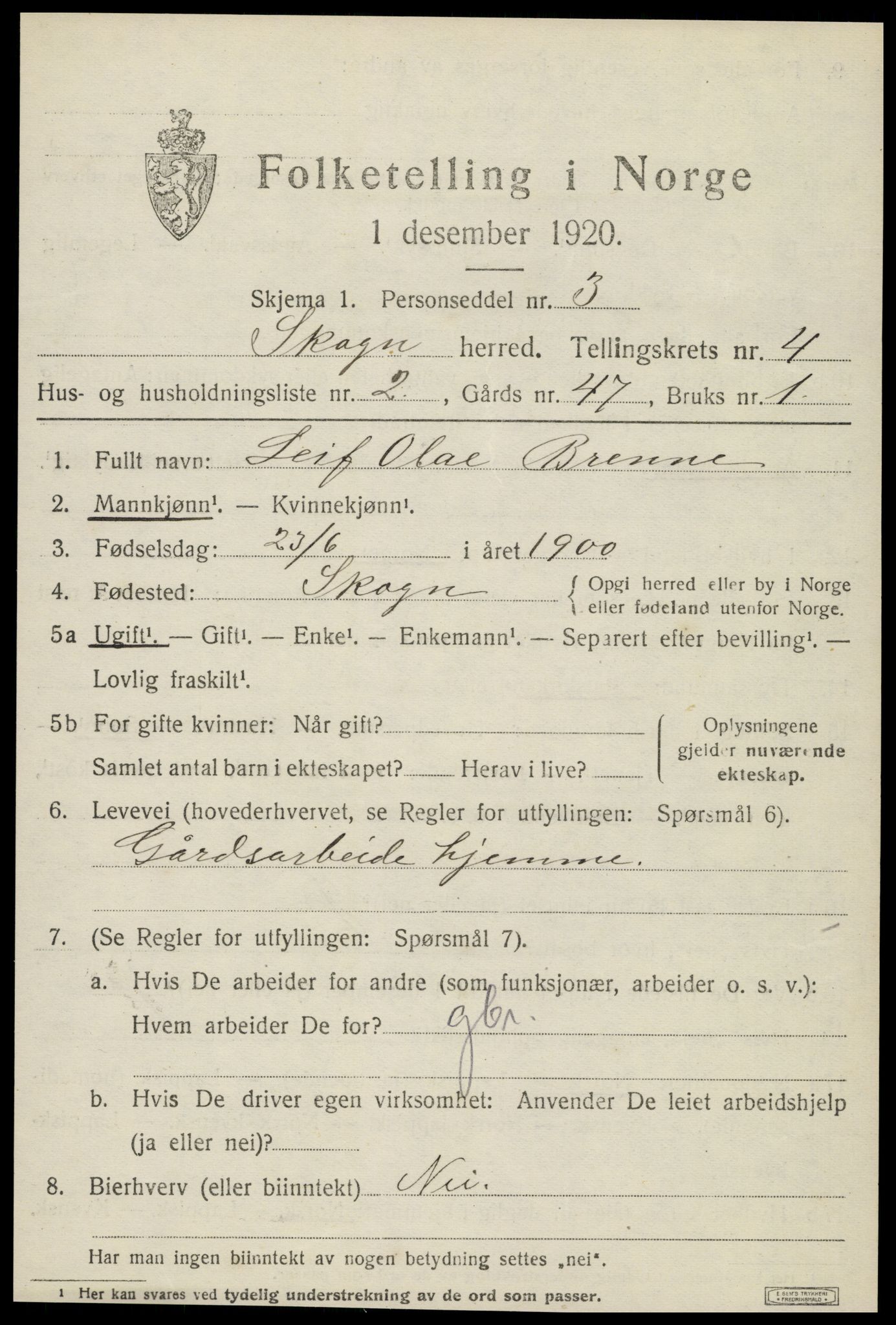 SAT, 1920 census for Skogn, 1920, p. 5855