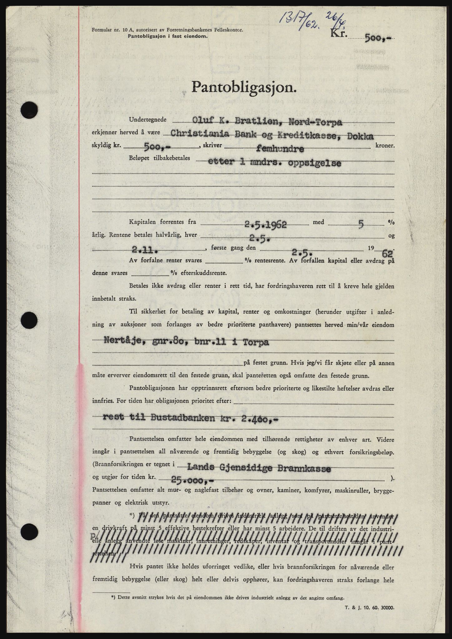 Hadeland og Land tingrett, AV/SAH-TING-010/H/Hb/Hbc/L0048: Mortgage book no. B48, 1962-1962, Diary no: : 1317/1962