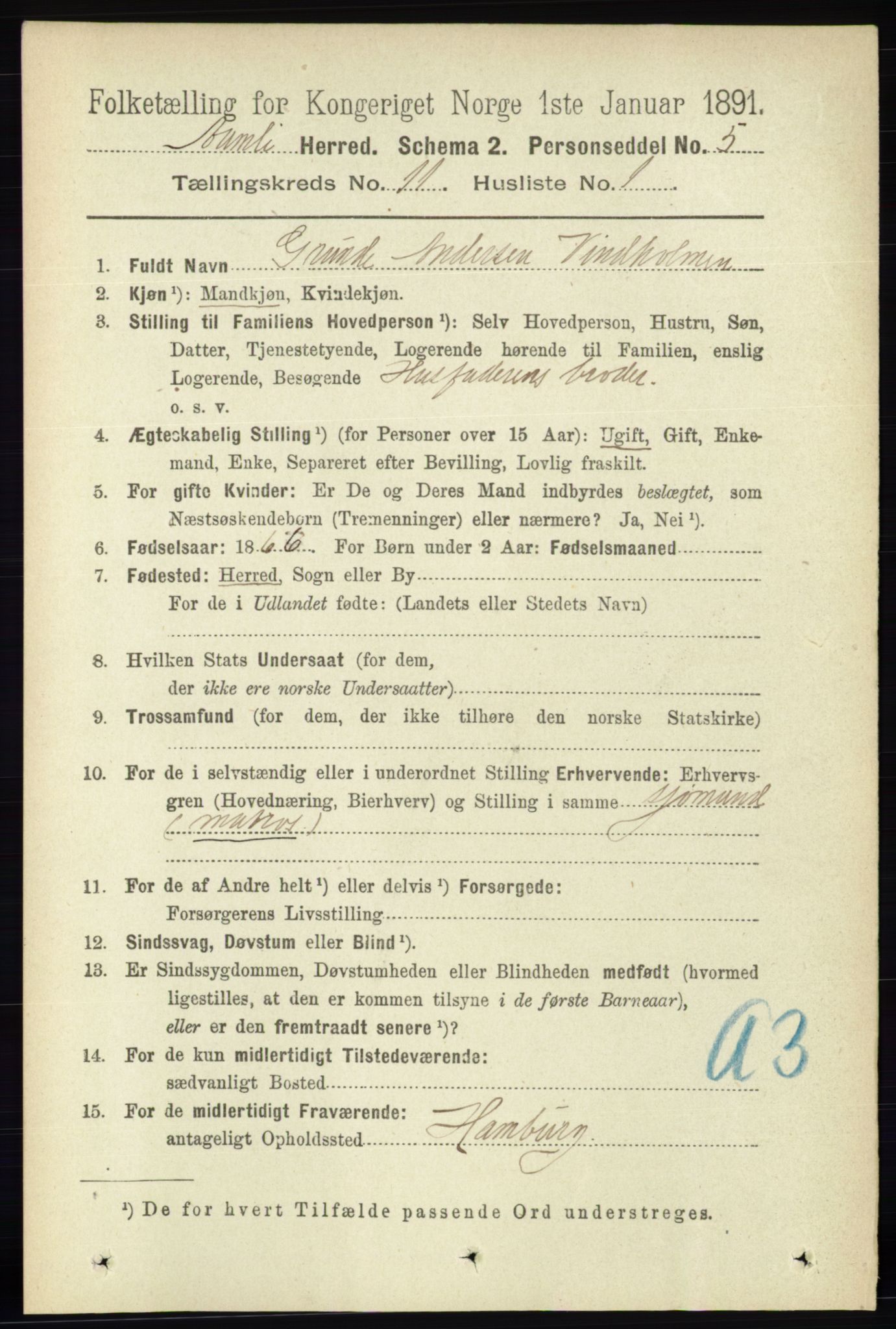 RA, 1891 census for 0929 Åmli, 1891, p. 1853