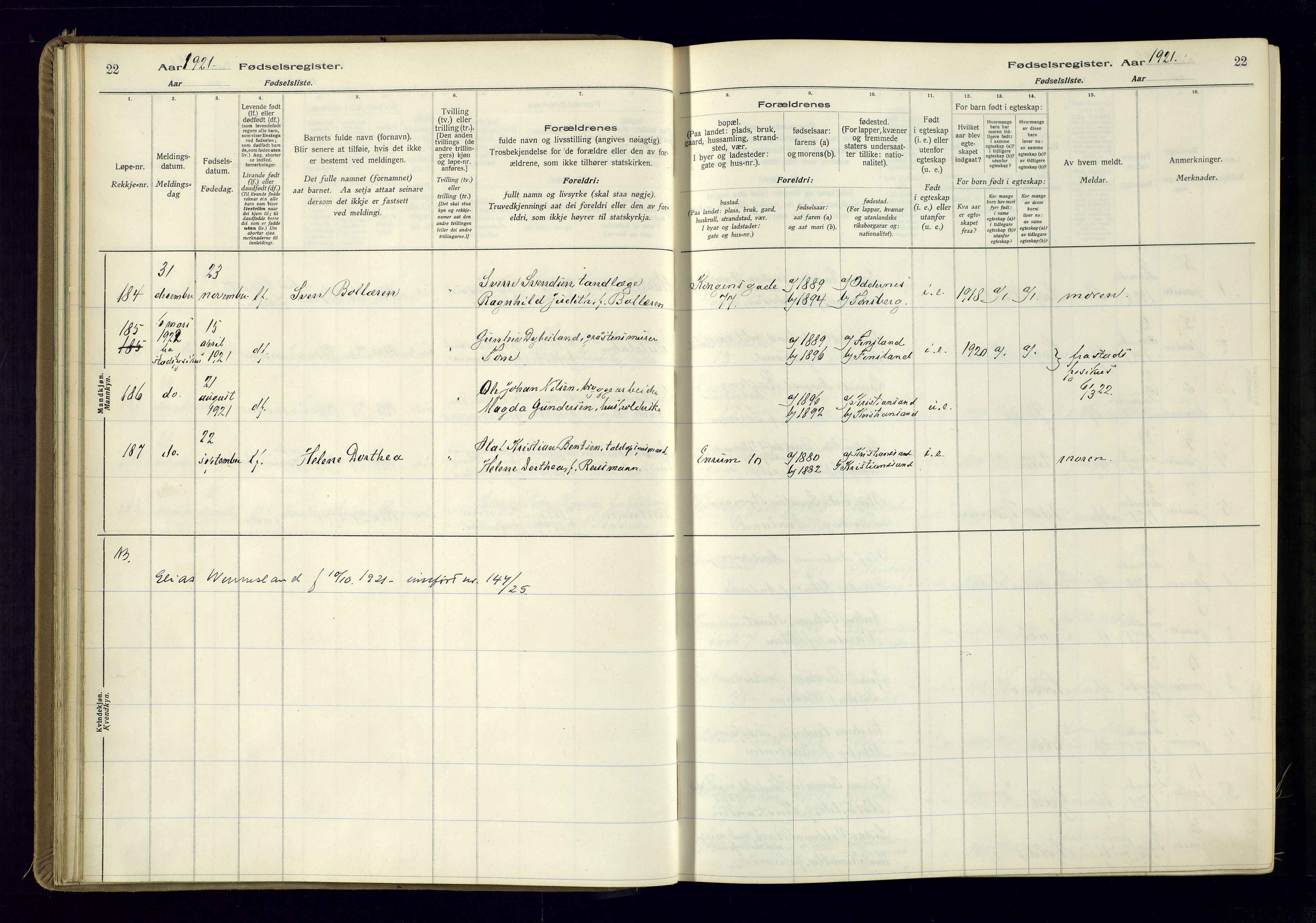 Kristiansand domprosti, AV/SAK-1112-0006/J/Jc/L0002: Birth register no. A-VI-46, 1921-1926, p. 22