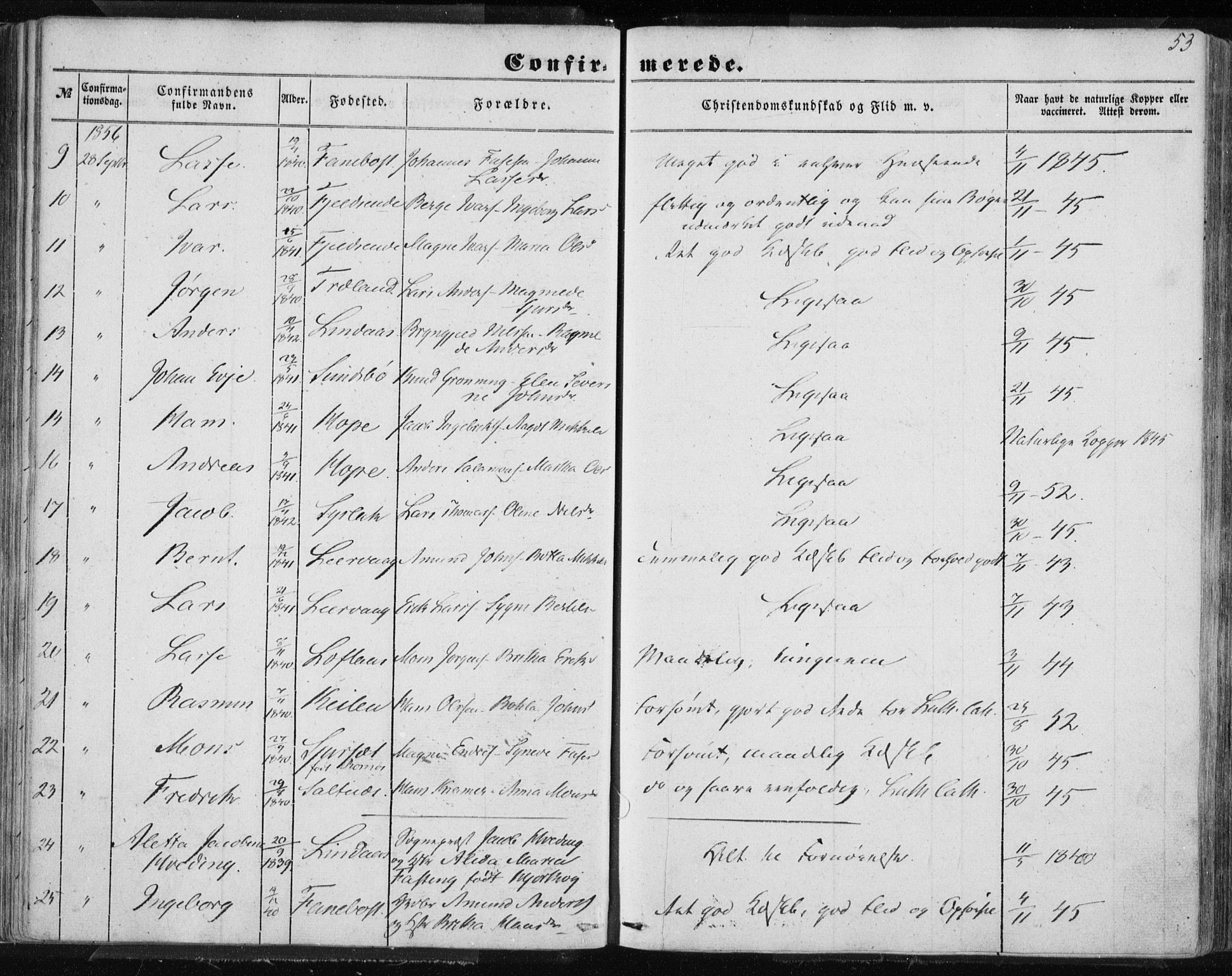 Lindås Sokneprestembete, SAB/A-76701/H/Haa: Parish register (official) no. A 13, 1848-1862, p. 53