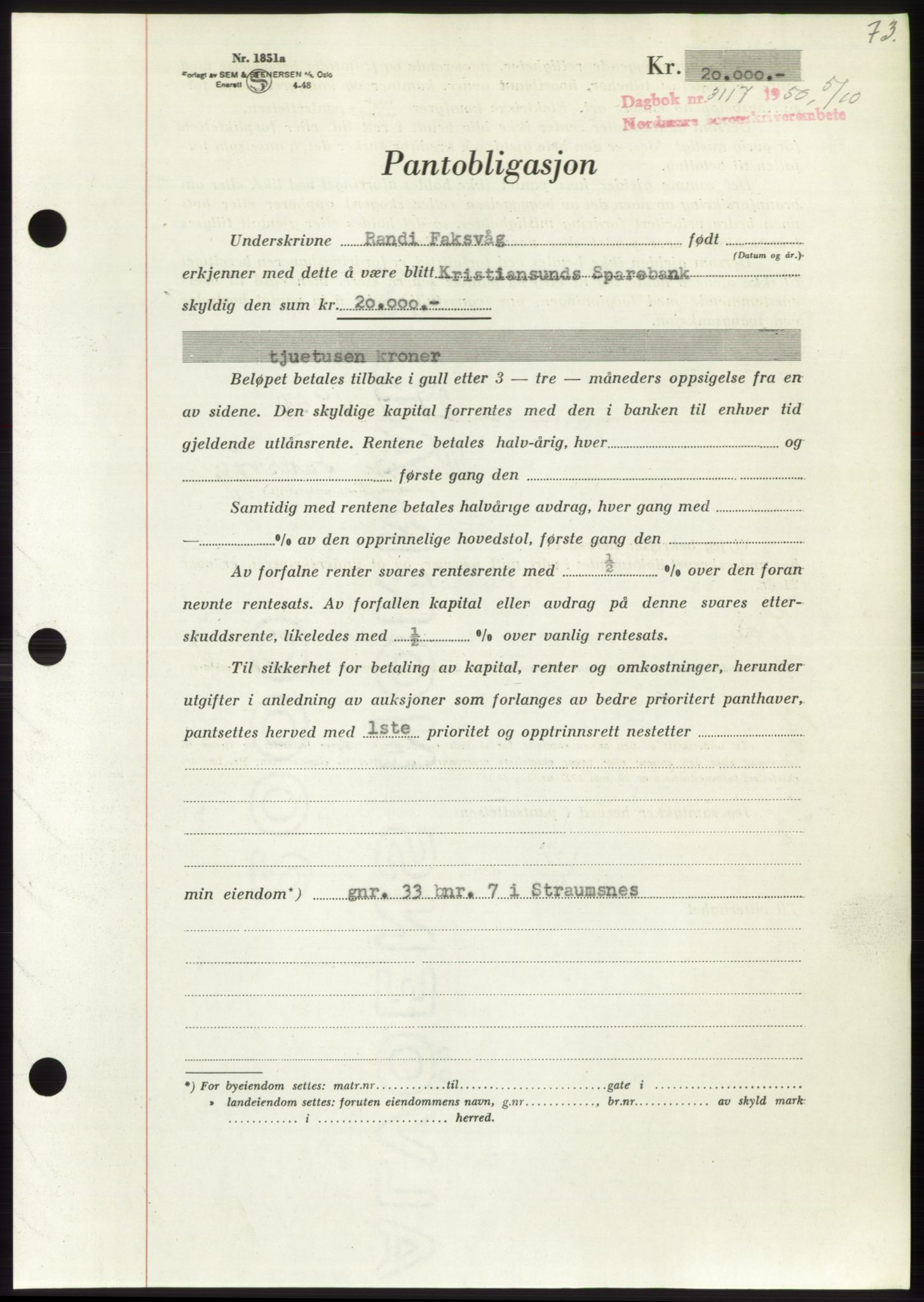 Nordmøre sorenskriveri, AV/SAT-A-4132/1/2/2Ca: Mortgage book no. B106, 1950-1950, Diary no: : 3117/1950