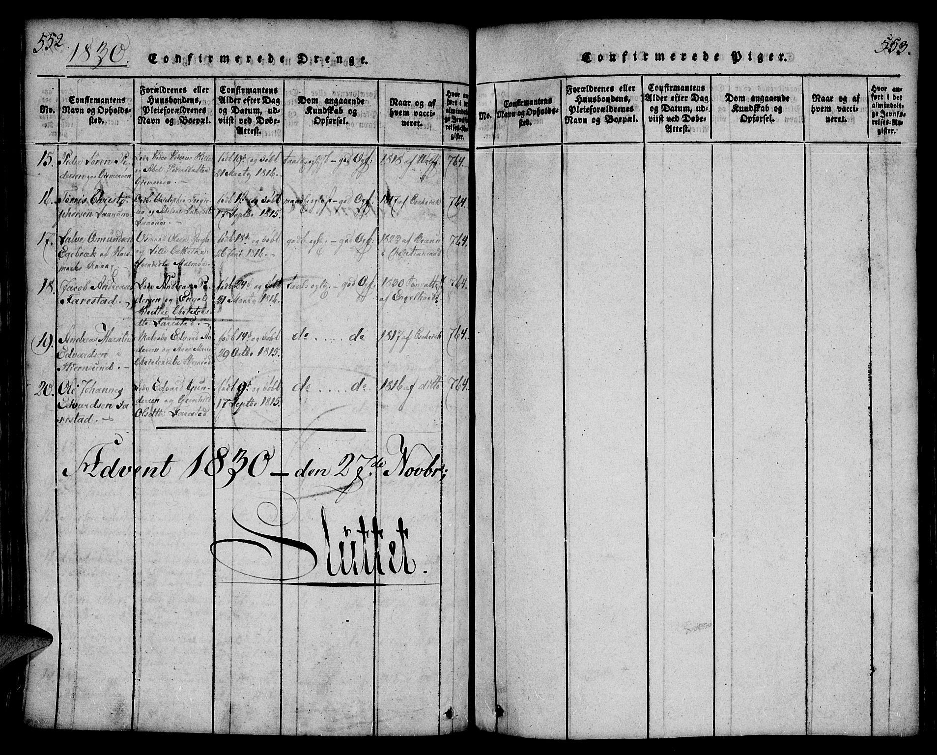 Mandal sokneprestkontor, AV/SAK-1111-0030/F/Fa/Faa/L0010: Parish register (official) no. A 10, 1817-1830, p. 552-553