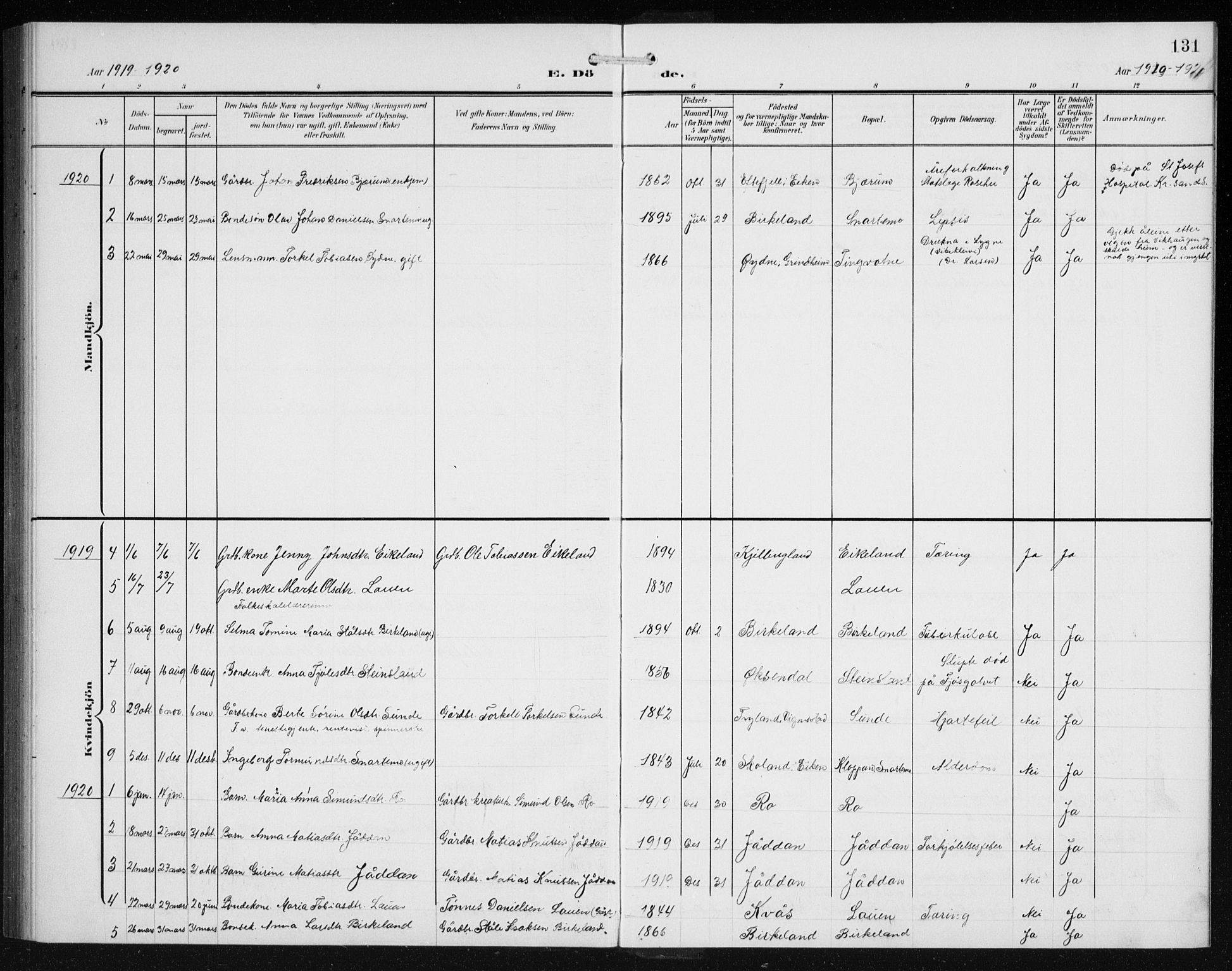 Hægebostad sokneprestkontor, AV/SAK-1111-0024/F/Fb/Fba/L0005: Parish register (copy) no. B 5, 1907-1931, p. 131