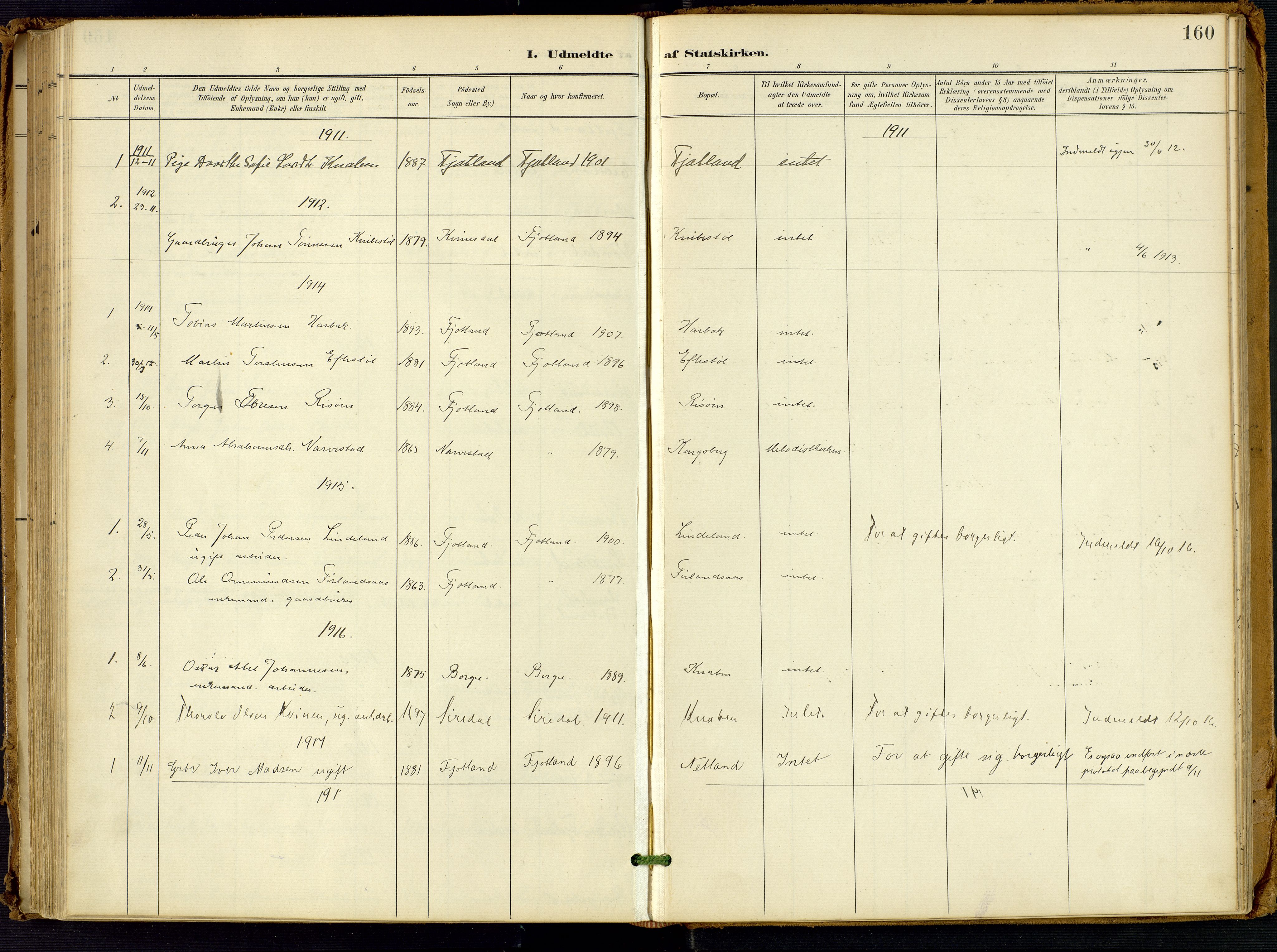 Fjotland sokneprestkontor, SAK/1111-0010/F/Fa/L0003: Parish register (official) no. A 3, 1899-1917, p. 160