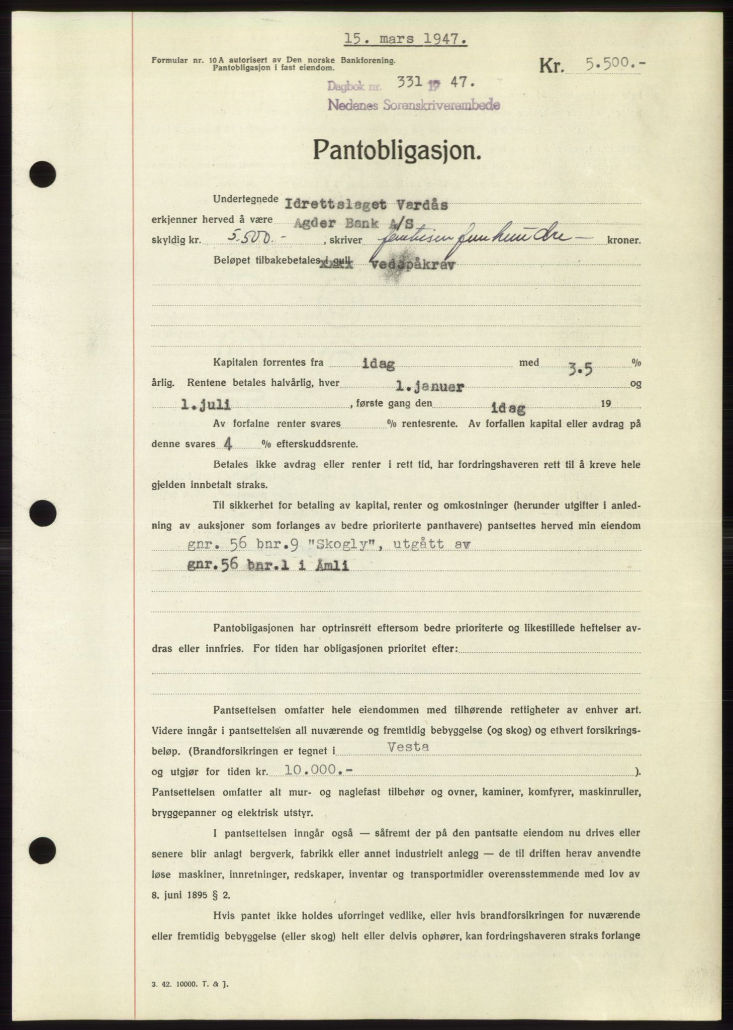 Nedenes sorenskriveri, AV/SAK-1221-0006/G/Gb/Gbb/L0004: Mortgage book no. B4, 1947-1947, Diary no: : 331/1947