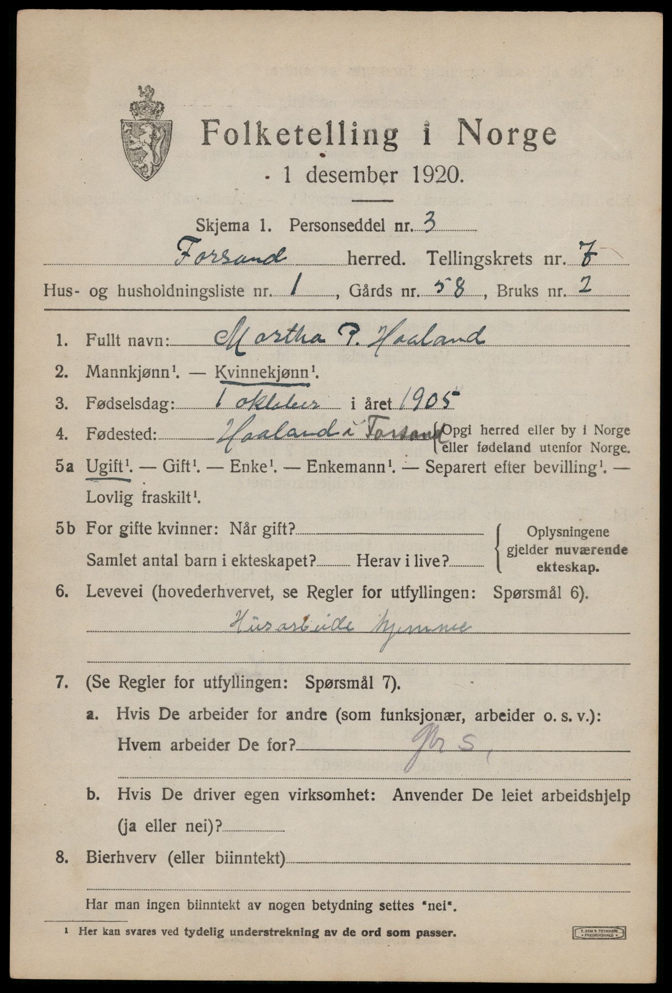 SAST, 1920 census for Forsand, 1920, p. 3417