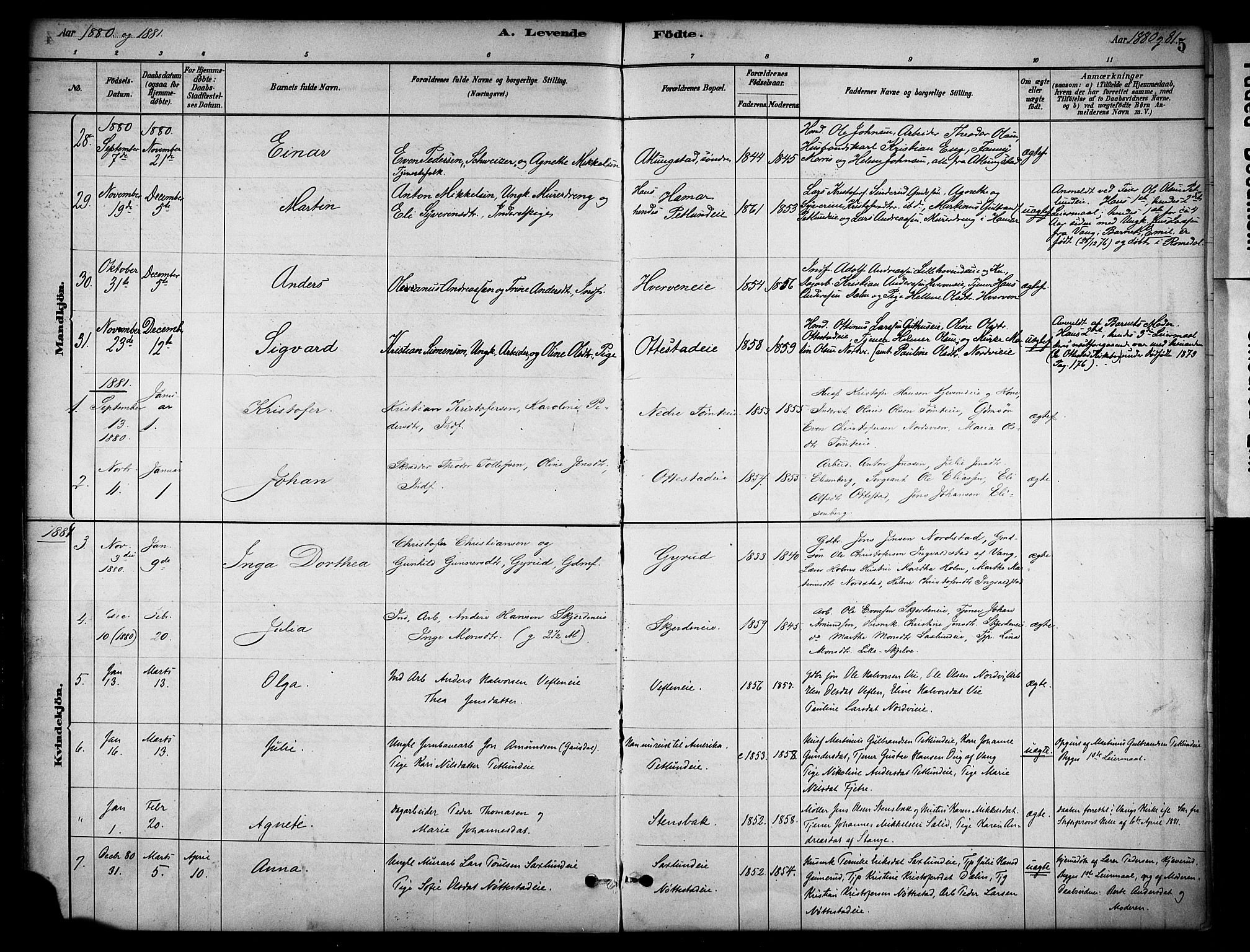 Stange prestekontor, AV/SAH-PREST-002/K/L0019: Parish register (official) no. 19, 1880-1891, p. 5