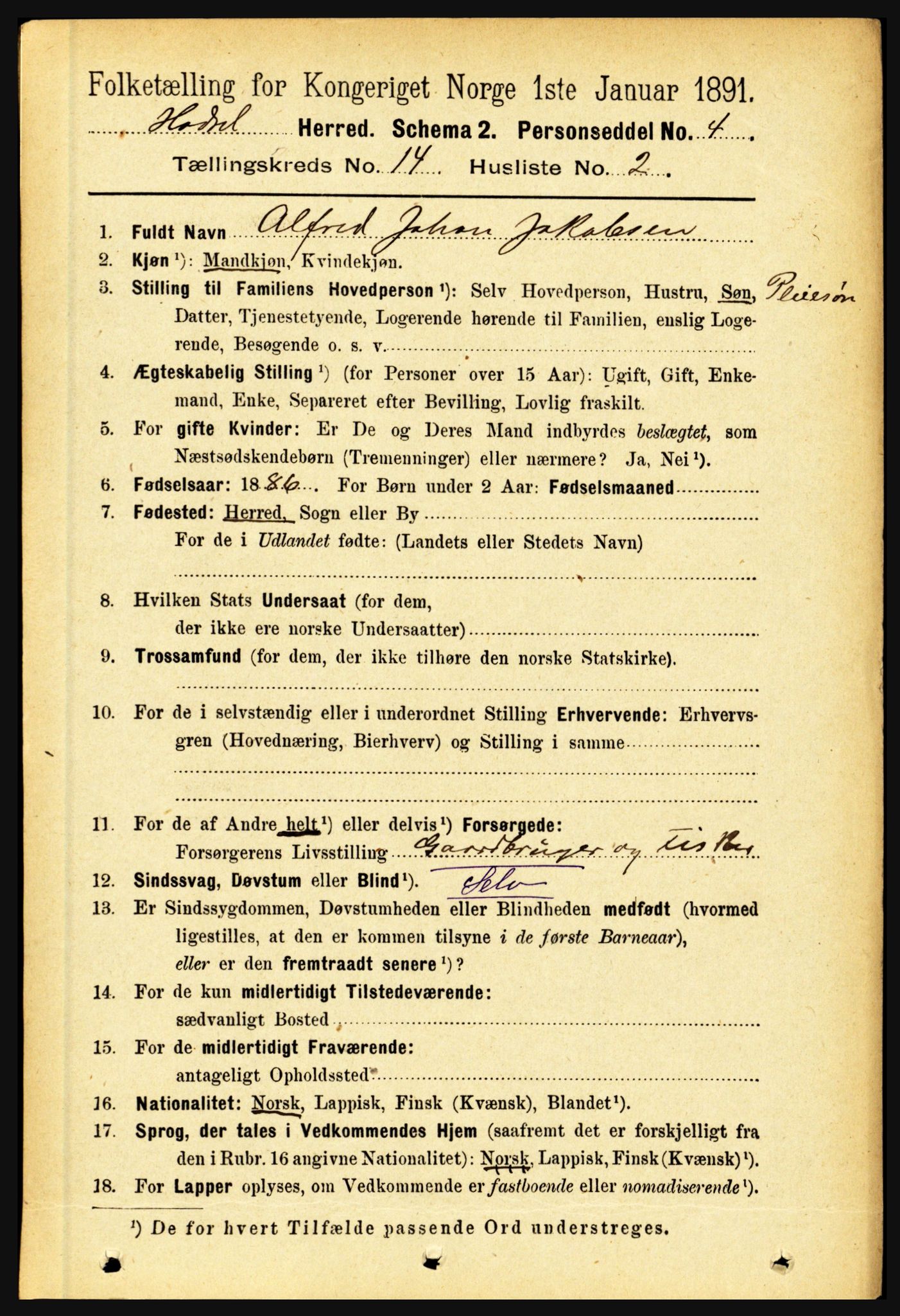 RA, 1891 census for 1866 Hadsel, 1891, p. 6327