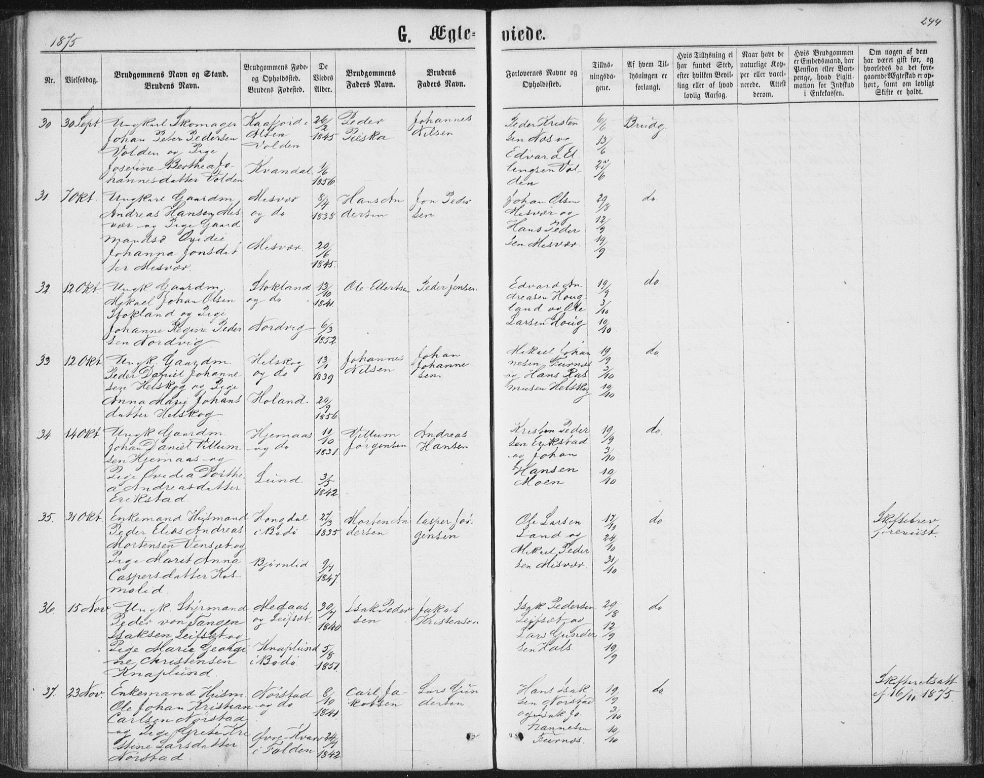 Ministerialprotokoller, klokkerbøker og fødselsregistre - Nordland, AV/SAT-A-1459/852/L0739: Parish register (official) no. 852A09, 1866-1877, p. 244