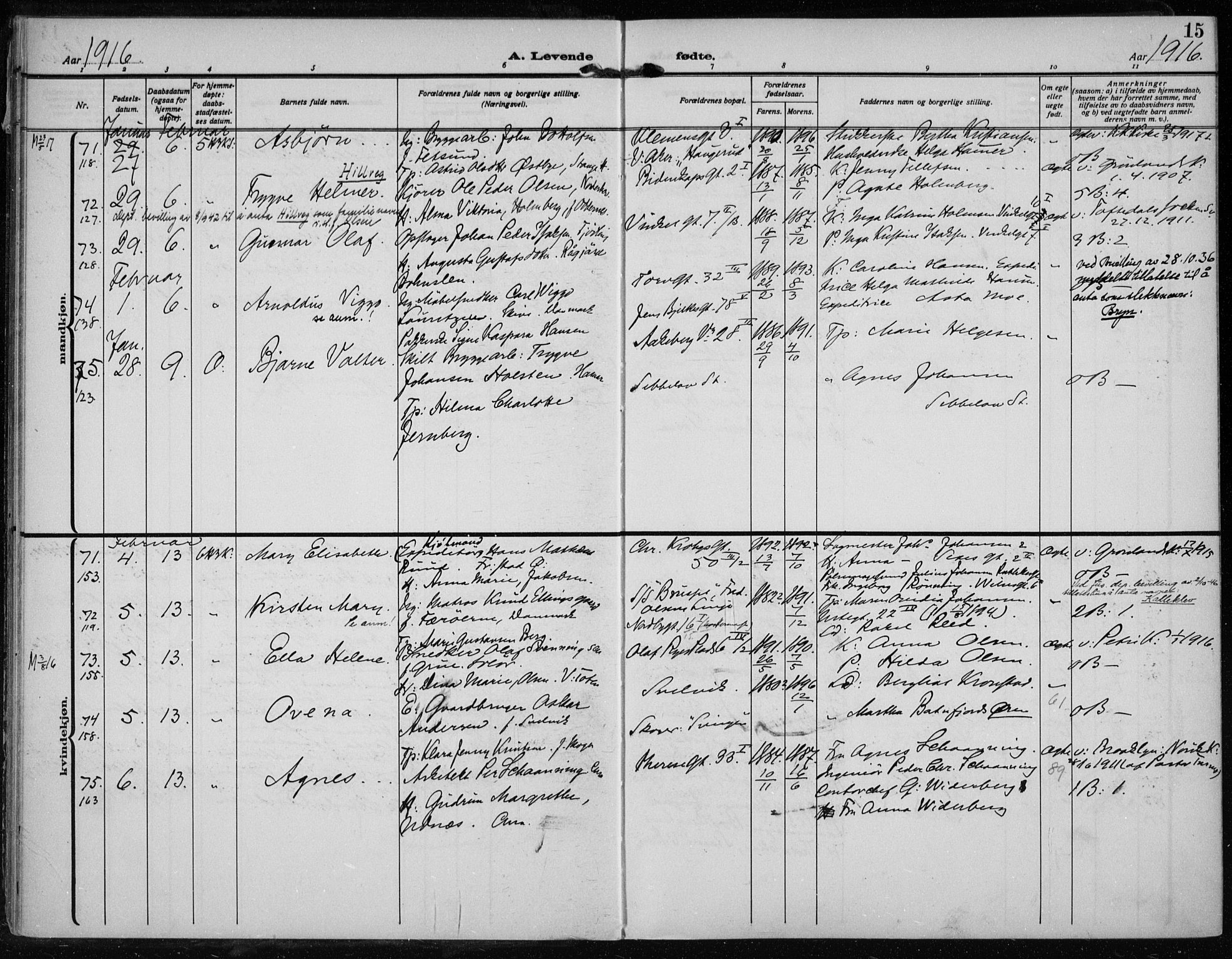 Rikshospitalet prestekontor Kirkebøker, AV/SAO-A-10309b/F/L0016: Parish register (official) no. 16, 1916-1918, p. 15