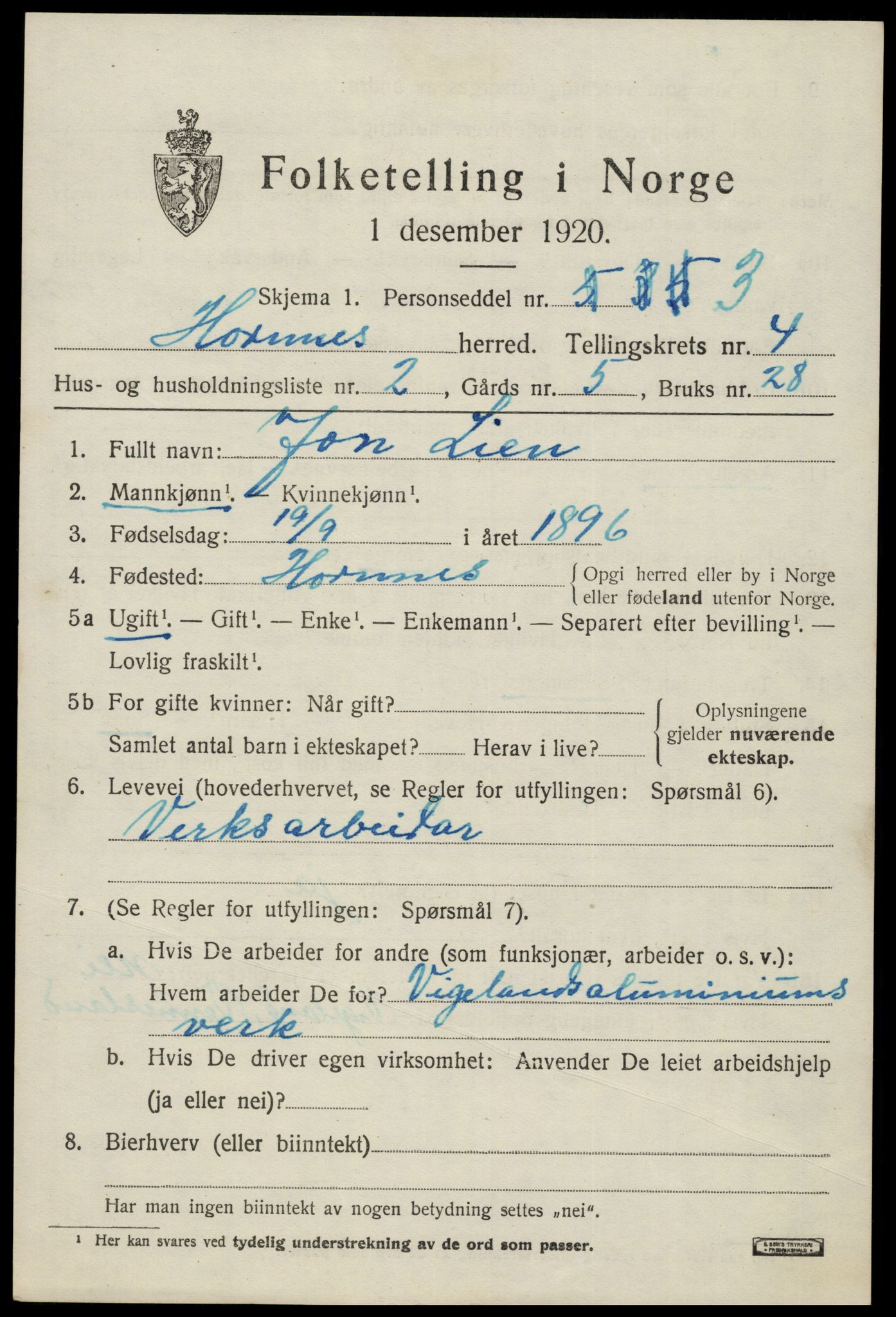 SAK, 1920 census for Hornnes, 1920, p. 1145