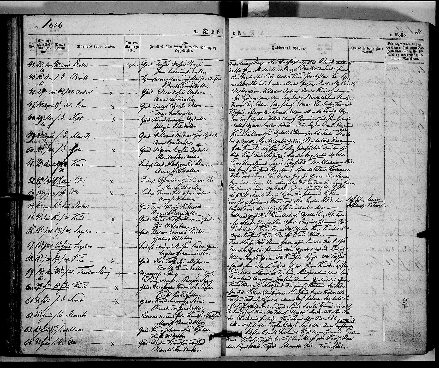 Vang prestekontor, Valdres, SAH/PREST-140/H/Ha/L0005: Parish register (official) no. 5, 1831-1845, p. 21
