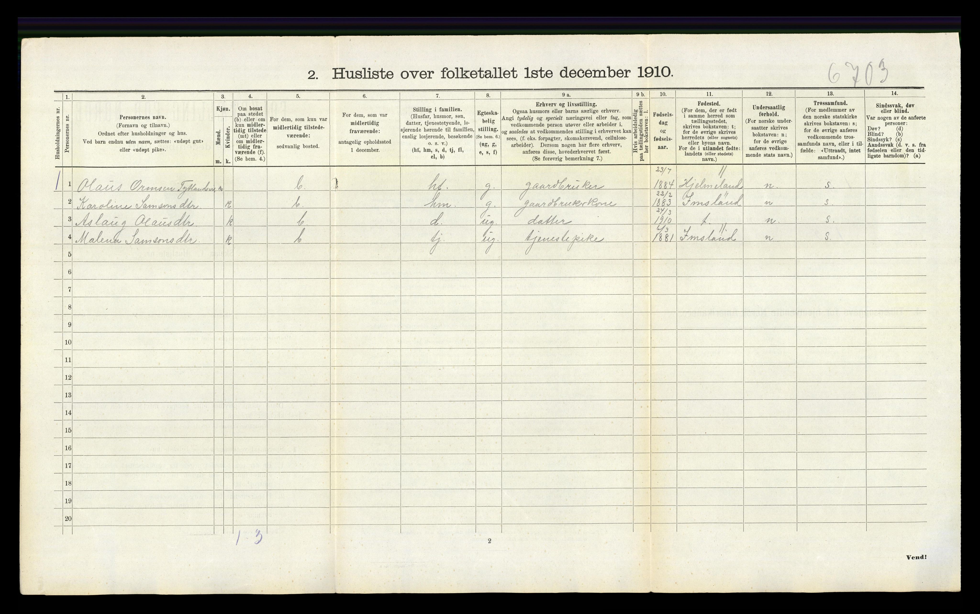 RA, 1910 census for Hetland, 1910, p. 646