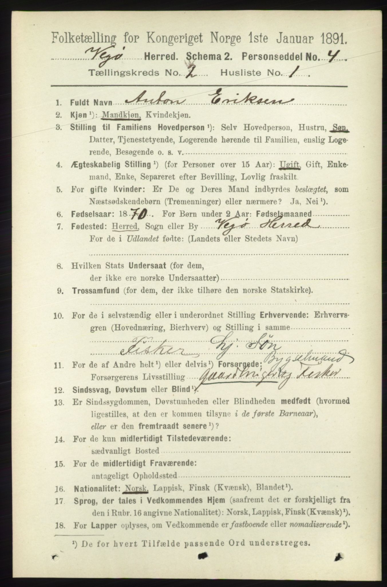 RA, 1891 census for 1815 Vega, 1891, p. 602