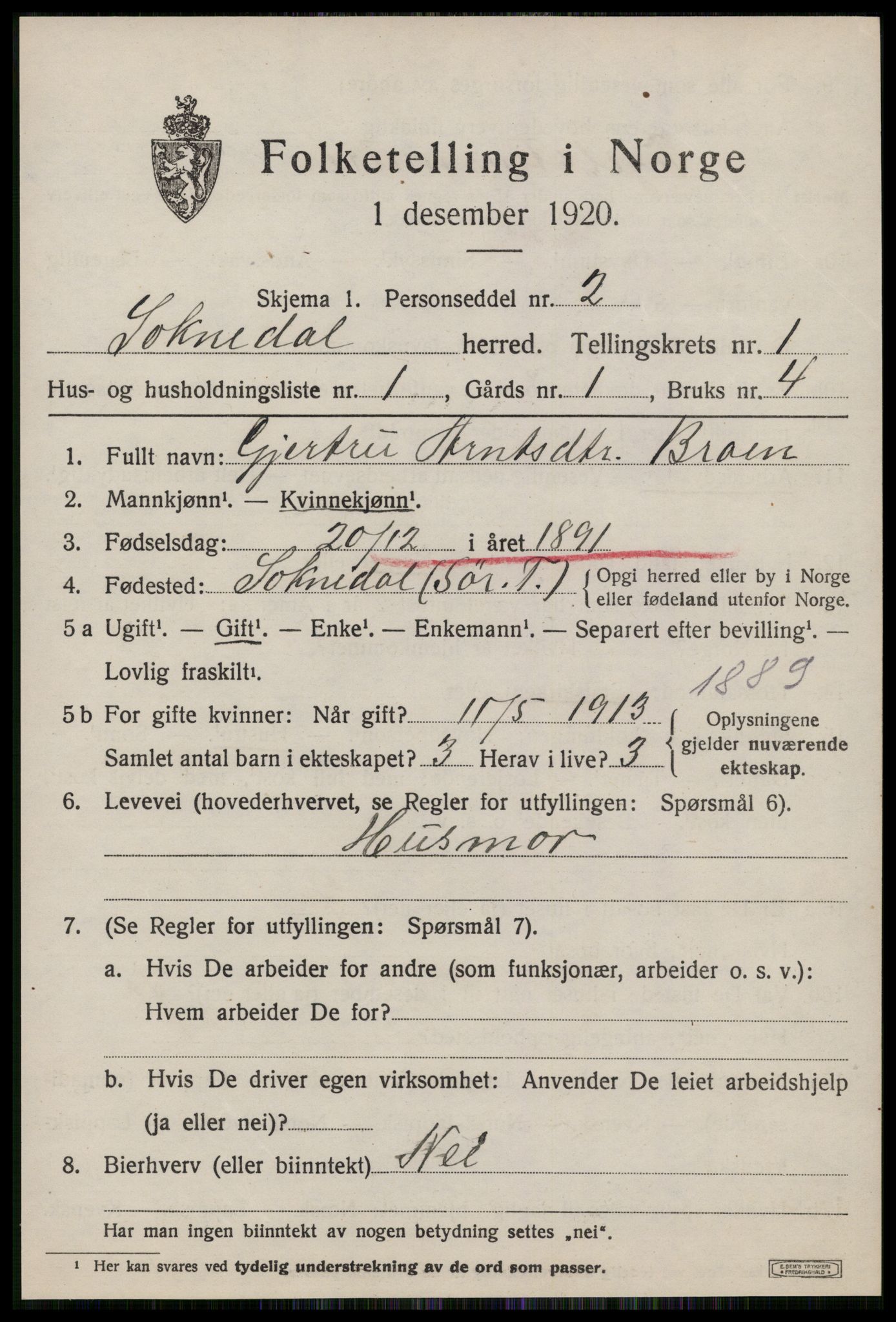 SAT, 1920 census for Soknedal, 1920, p. 764