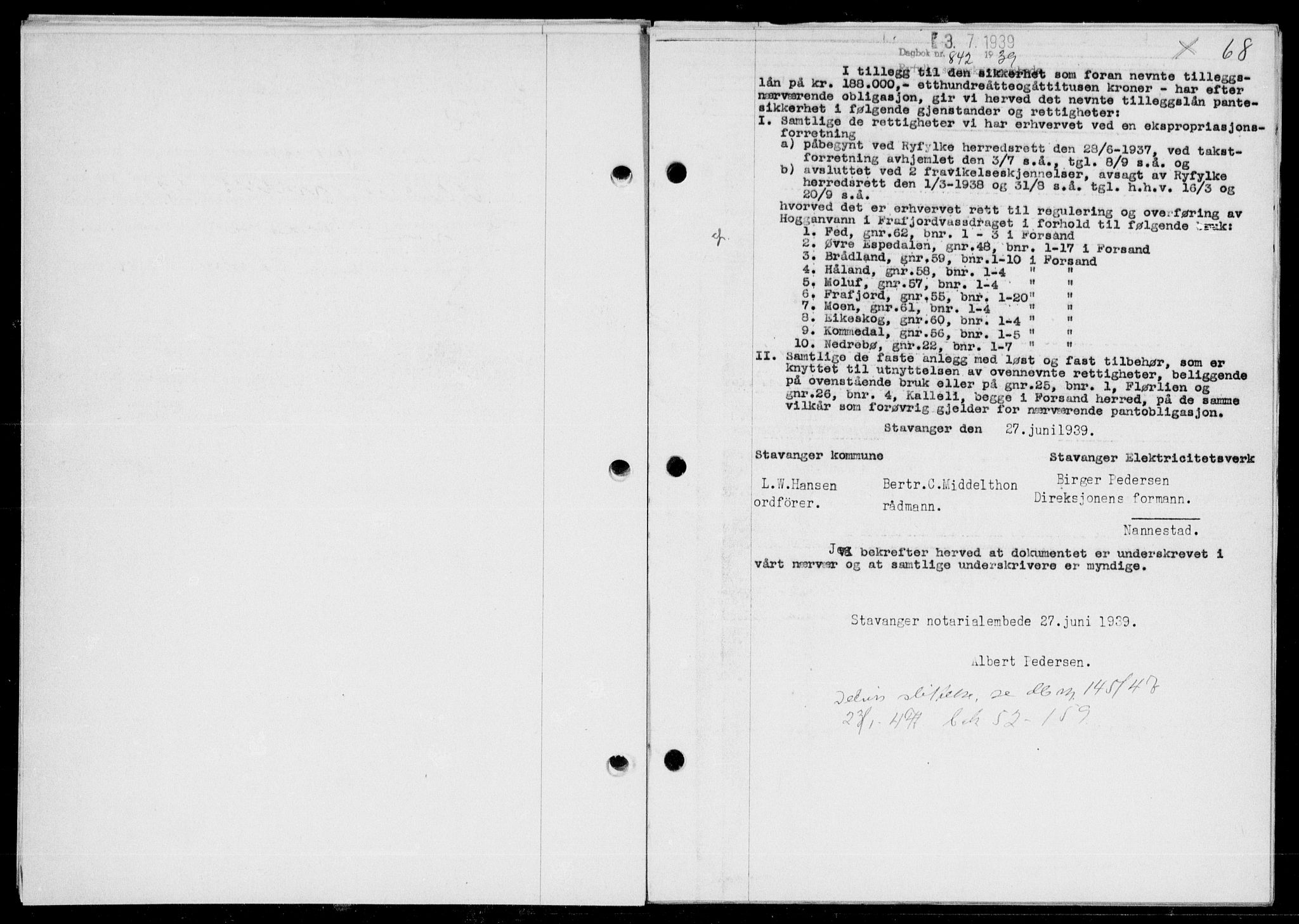 Ryfylke tingrett, SAST/A-100055/001/II/IIB/L0080: Mortgage book no. 59, 1939-1939, Diary no: : 842/1939
