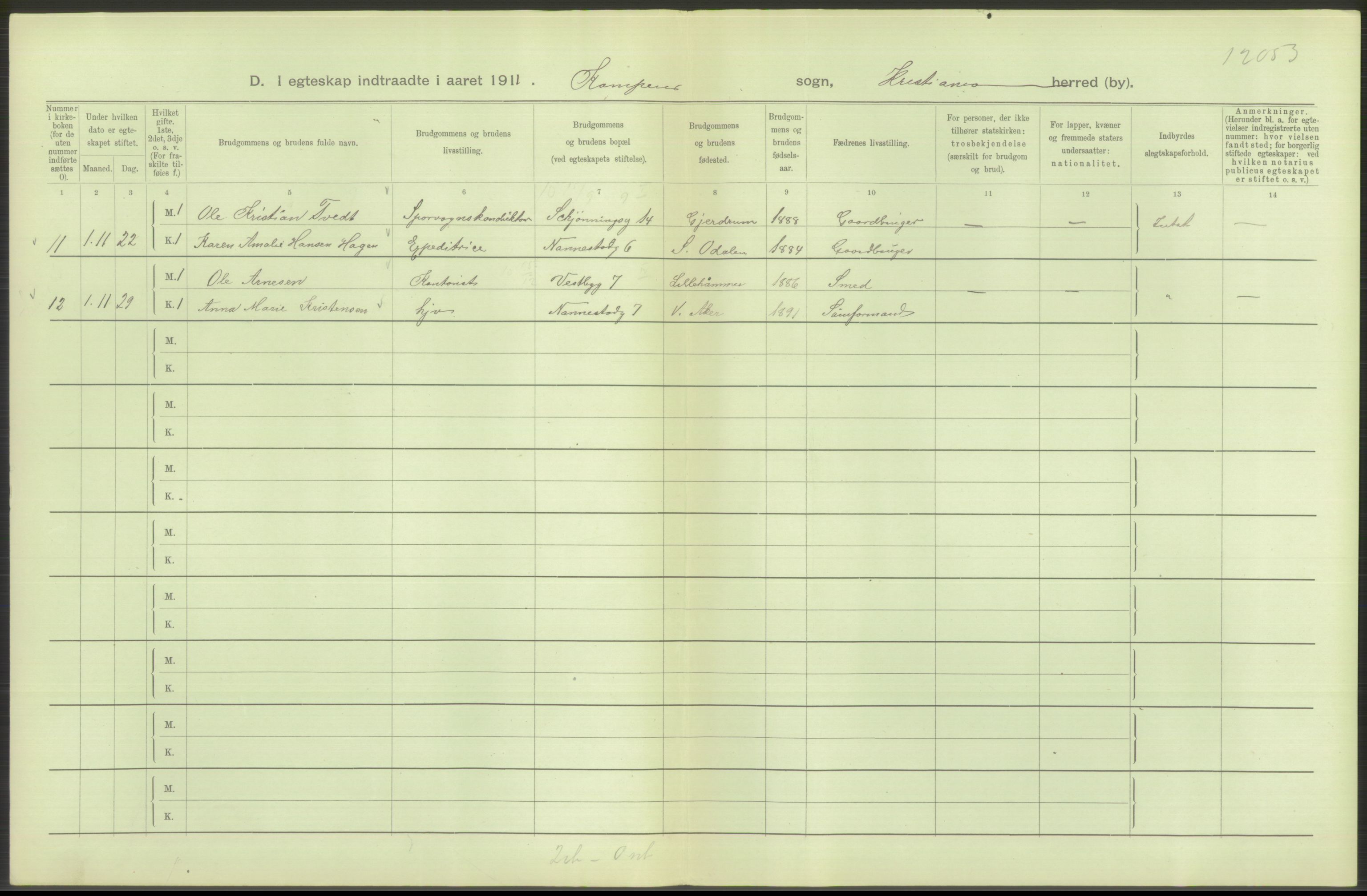 Statistisk sentralbyrå, Sosiodemografiske emner, Befolkning, AV/RA-S-2228/D/Df/Dfb/Dfba/L0008: Kristiania: Gifte, 1911, p. 286