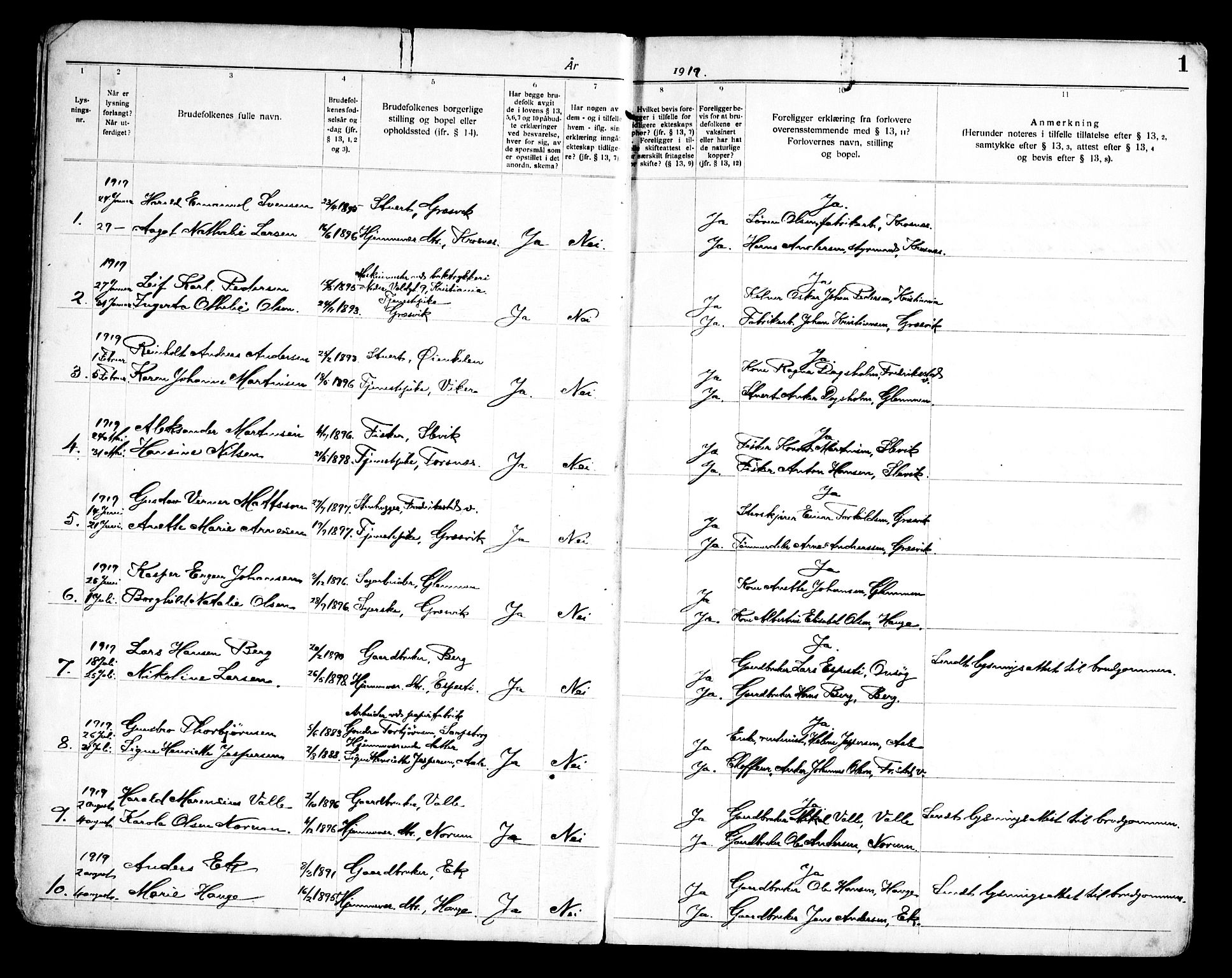 Onsøy prestekontor Kirkebøker, SAO/A-10914/H/Hb/L0001: Banns register no. II 1, 1919-1949, p. 1