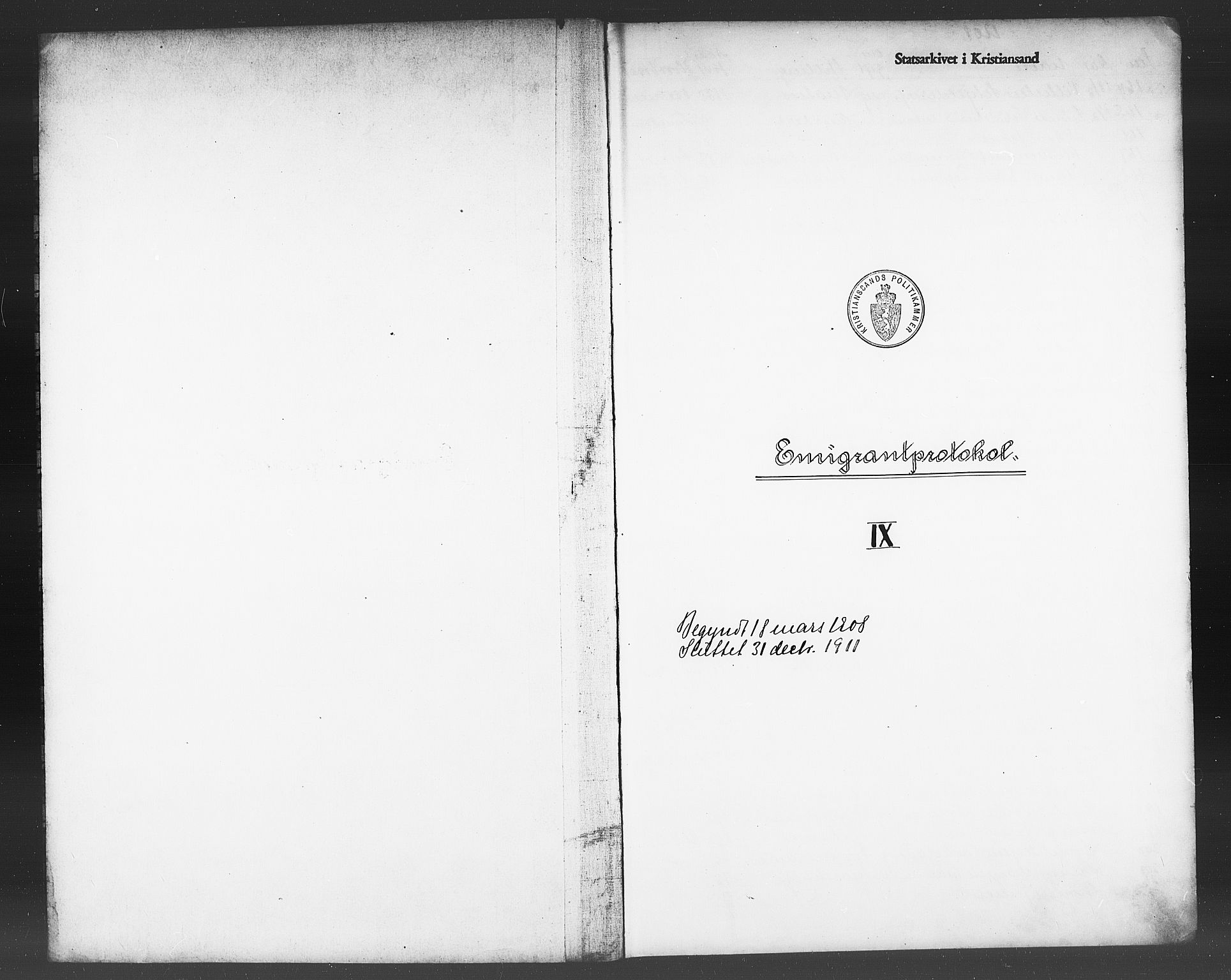 Kristiansand politikammer, AV/SAK-1243-0004/K/Kb/L0245: Emigrantprotokoll, 1908-1911, p. 1