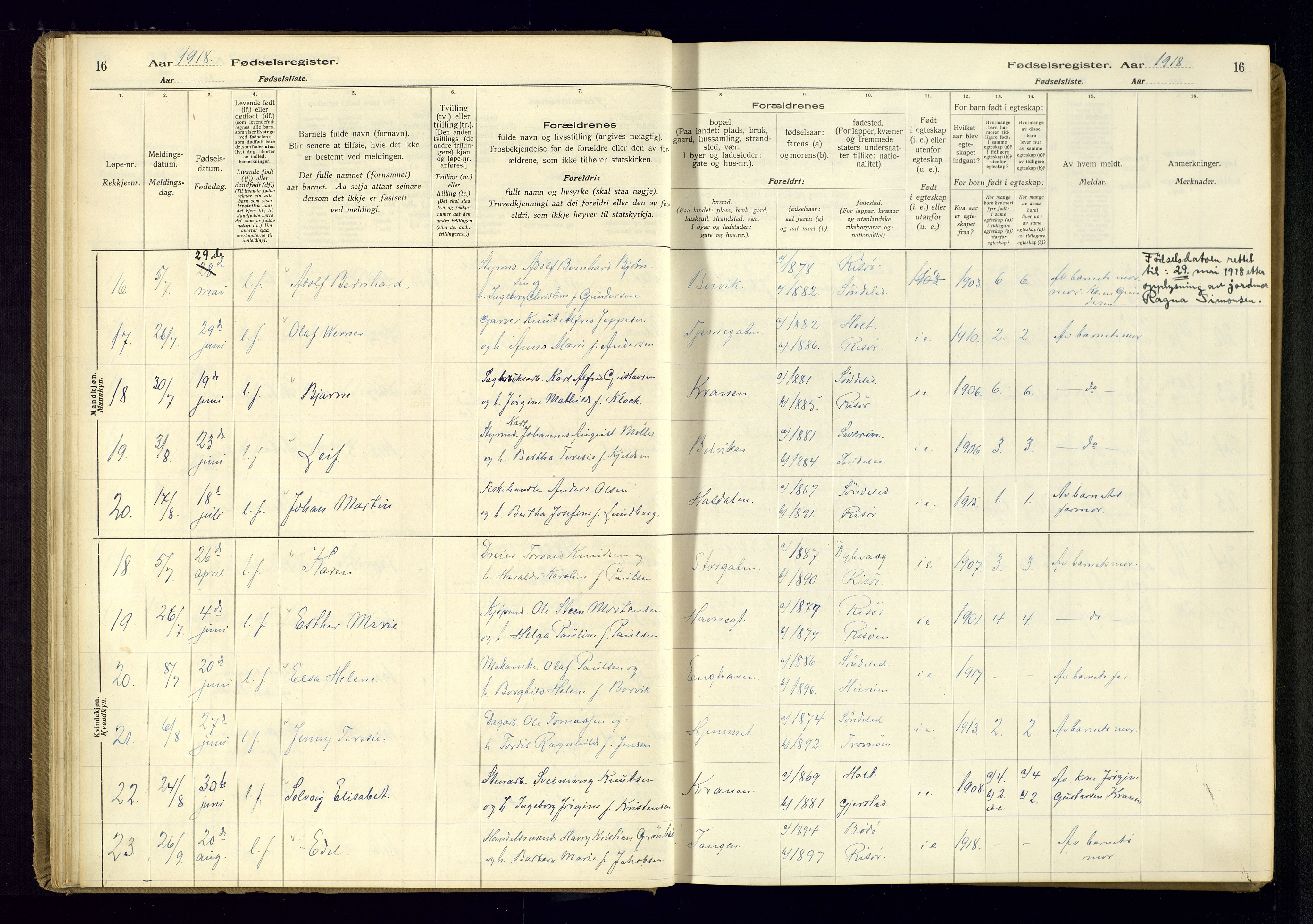 Risør sokneprestkontor, SAK/1111-0035/J/Ja/L0001: Birth register no. A-VI-13, 1916-1947, p. 16