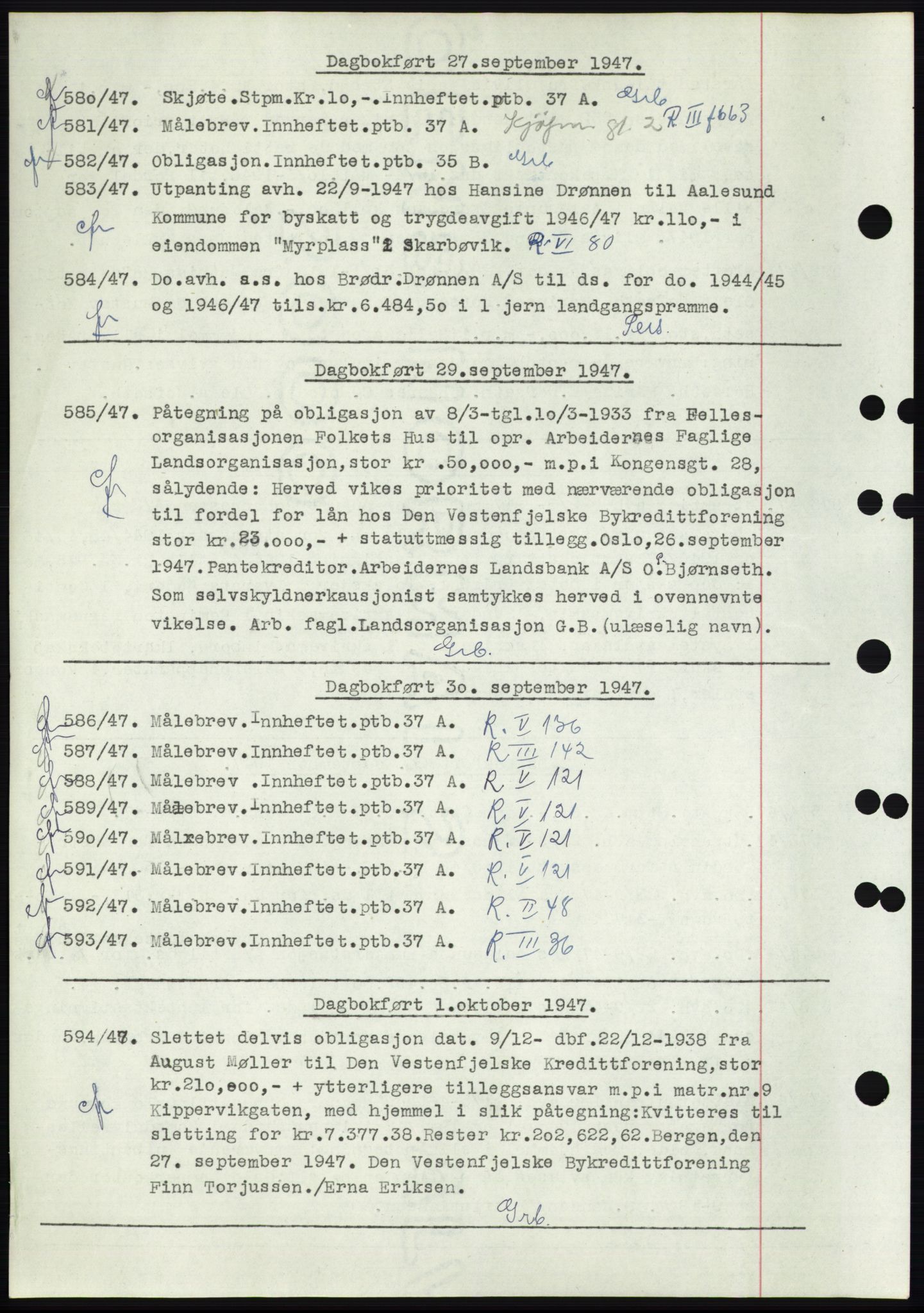 Ålesund byfogd, AV/SAT-A-4384: Mortgage book no. C34-35, 1946-1950, Diary no: : 580/1947