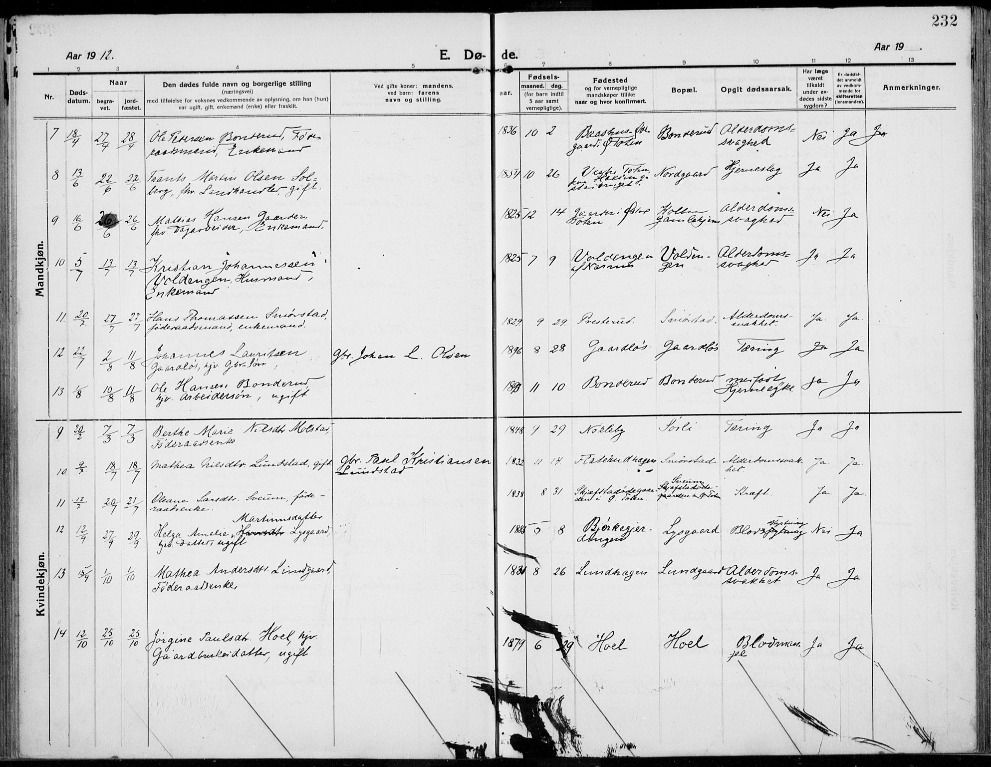 Kolbu prestekontor, SAH/PREST-110/H/Ha/Haa/L0002: Parish register (official) no. 2, 1912-1926, p. 232