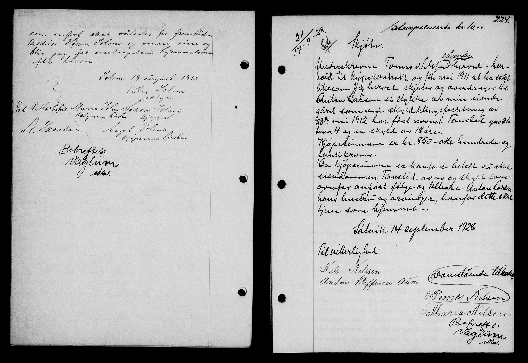 Fosen sorenskriveri, AV/SAT-A-1107/1/2/2C/L0067: Mortgage book no. 58, 1928-1929, p. 224, Deed date: 17.09.1928