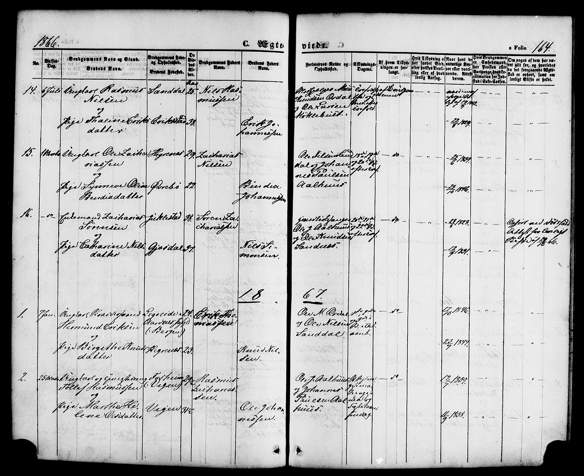 Jølster sokneprestembete, SAB/A-80701/H/Haa/Haaa/L0011: Parish register (official) no. A 11, 1866-1881, p. 164