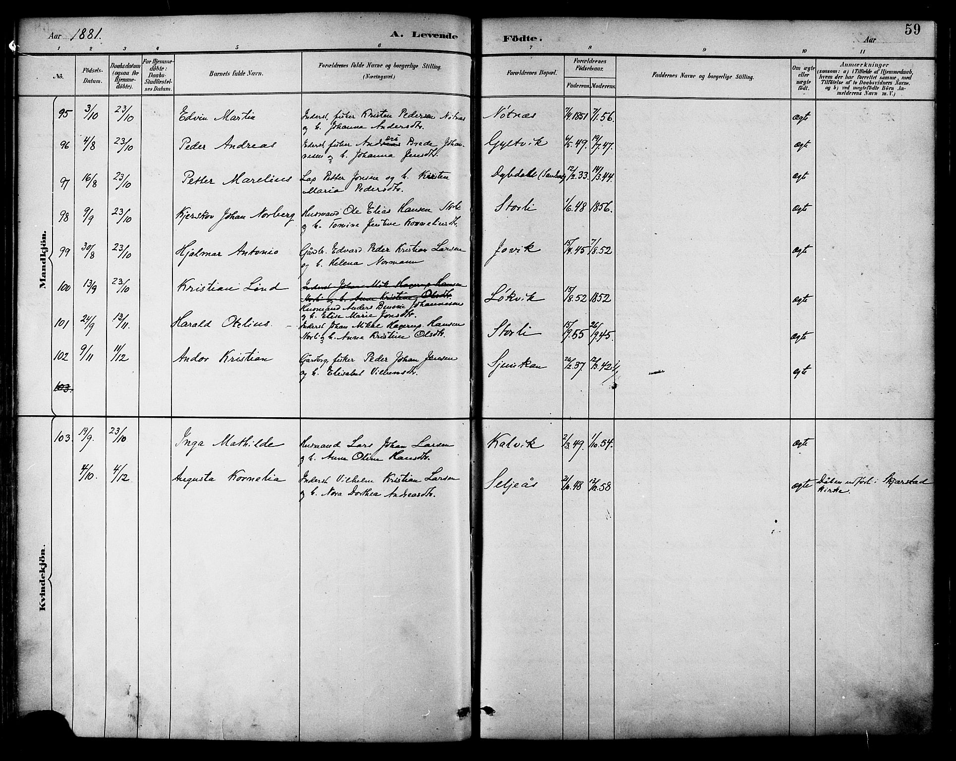 Ministerialprotokoller, klokkerbøker og fødselsregistre - Nordland, SAT/A-1459/854/L0778: Parish register (official) no. 854A01 /2, 1881-1888, p. 59