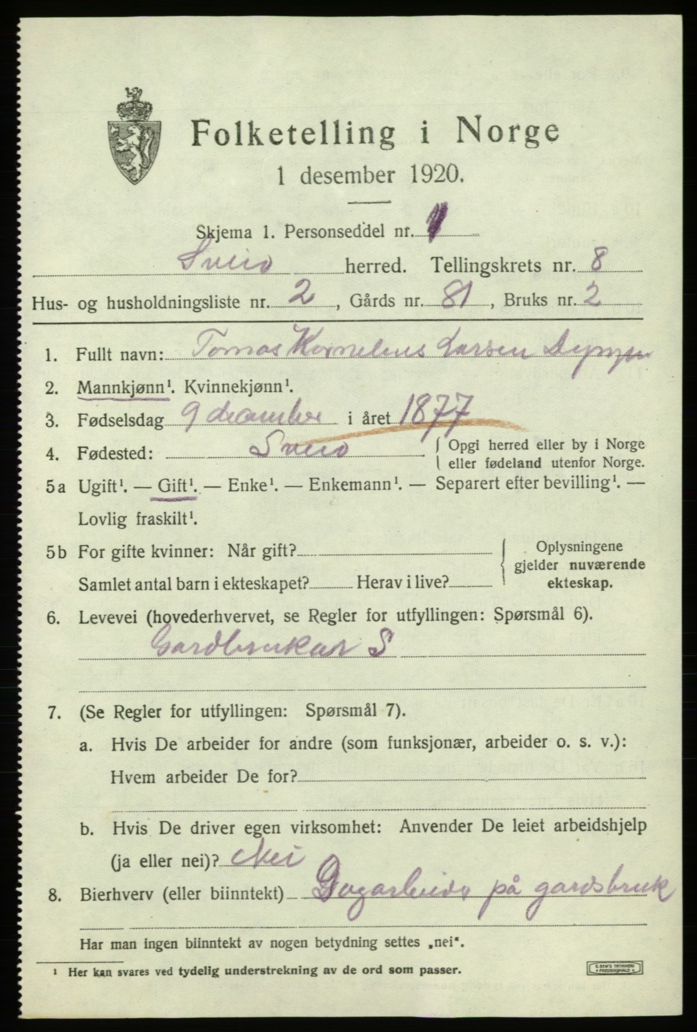 SAB, 1920 census for Sveio, 1920, p. 3752