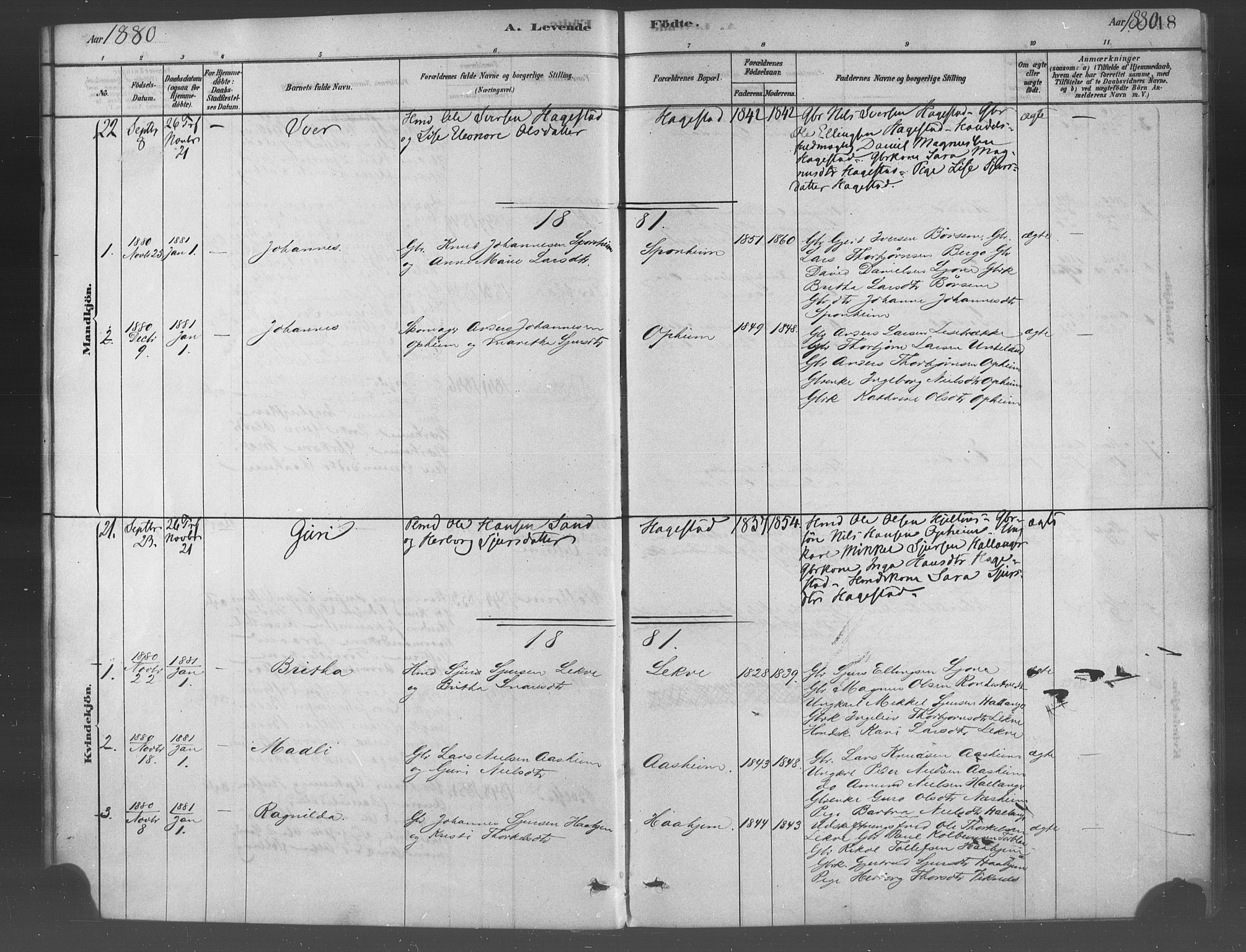 Ulvik sokneprestembete, SAB/A-78801/H/Haa: Parish register (official) no. B 1, 1878-1897, p. 18