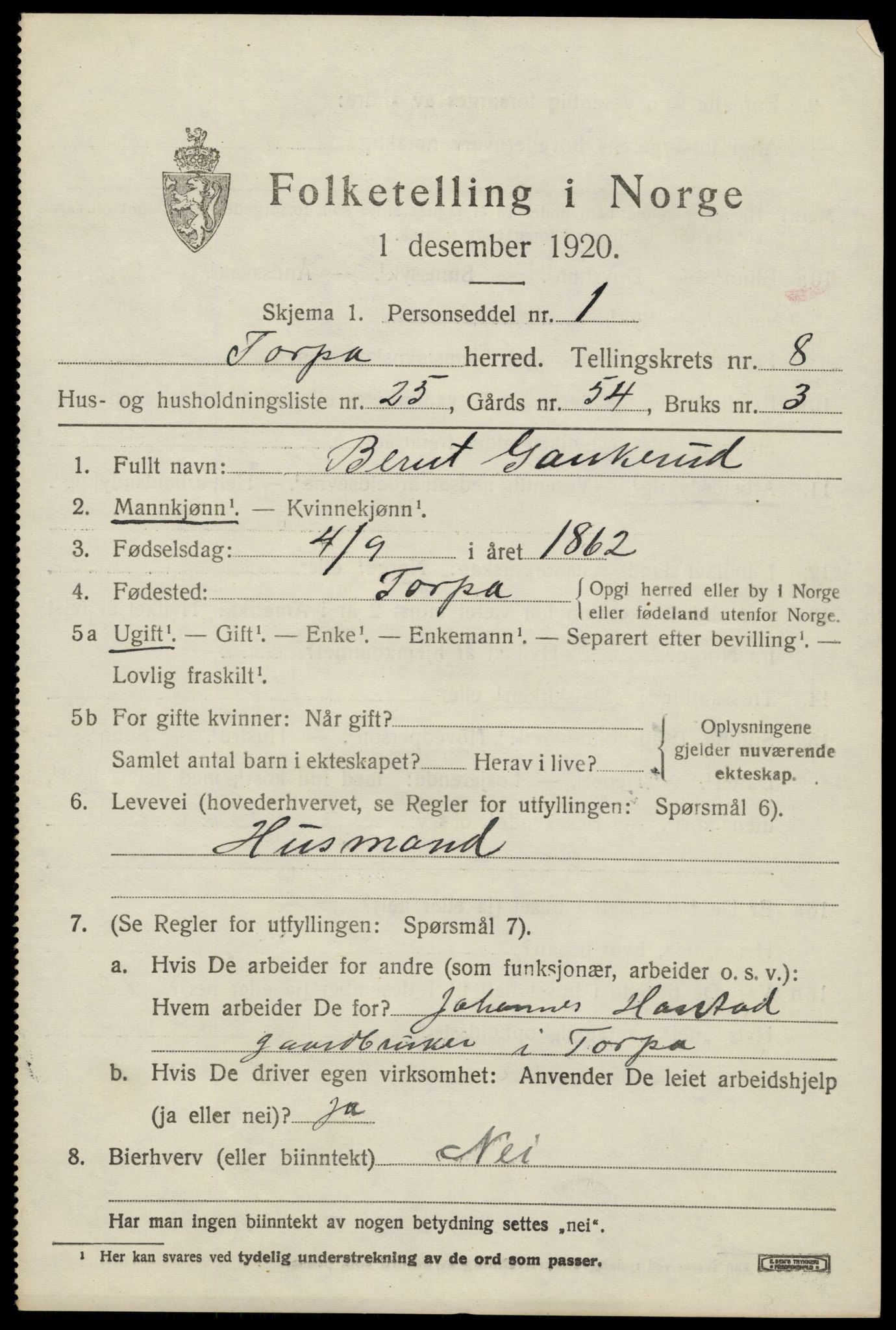 SAH, 1920 census for Torpa, 1920, p. 4869
