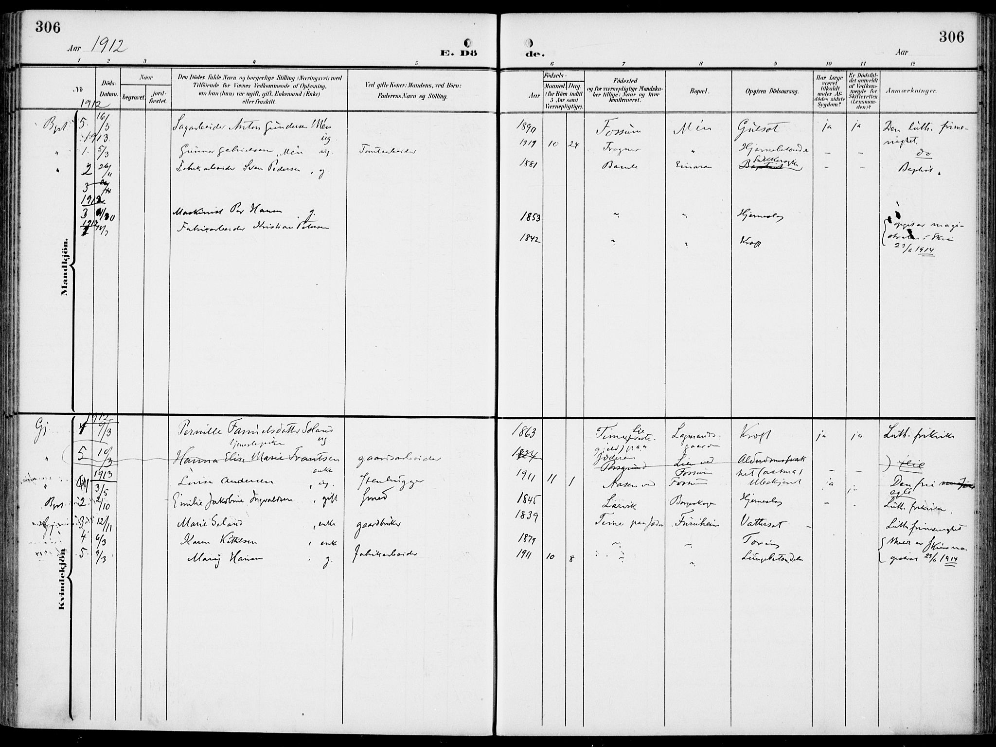 Gjerpen kirkebøker, SAKO/A-265/F/Fa/L0012: Parish register (official) no. I 12, 1905-1913, p. 306