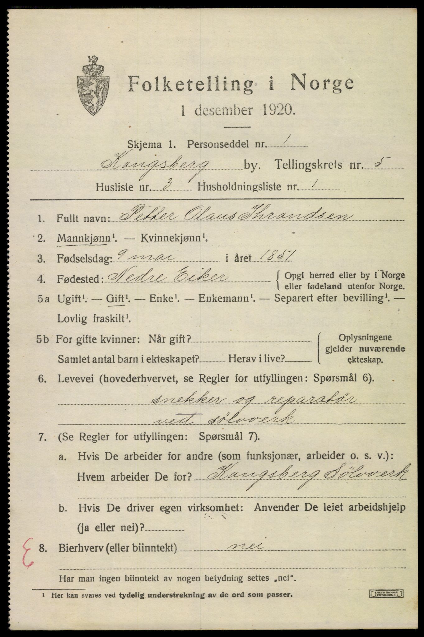 SAKO, 1920 census for Kongsberg, 1920, p. 12474