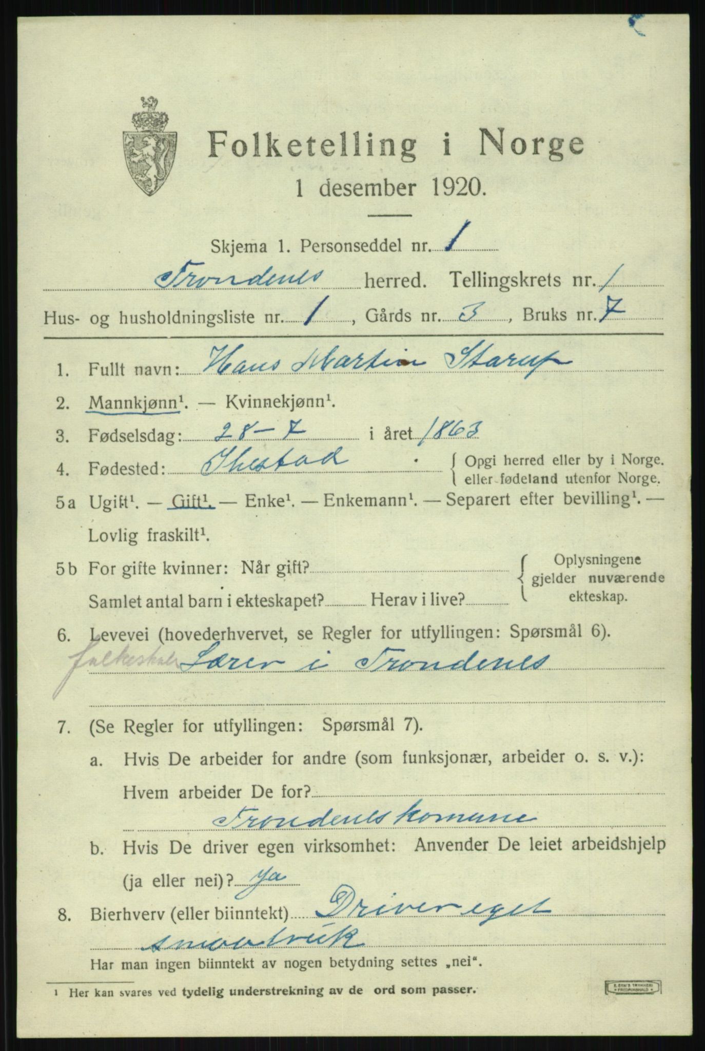 SATØ, 1920 census for Trondenes, 1920, p. 3167