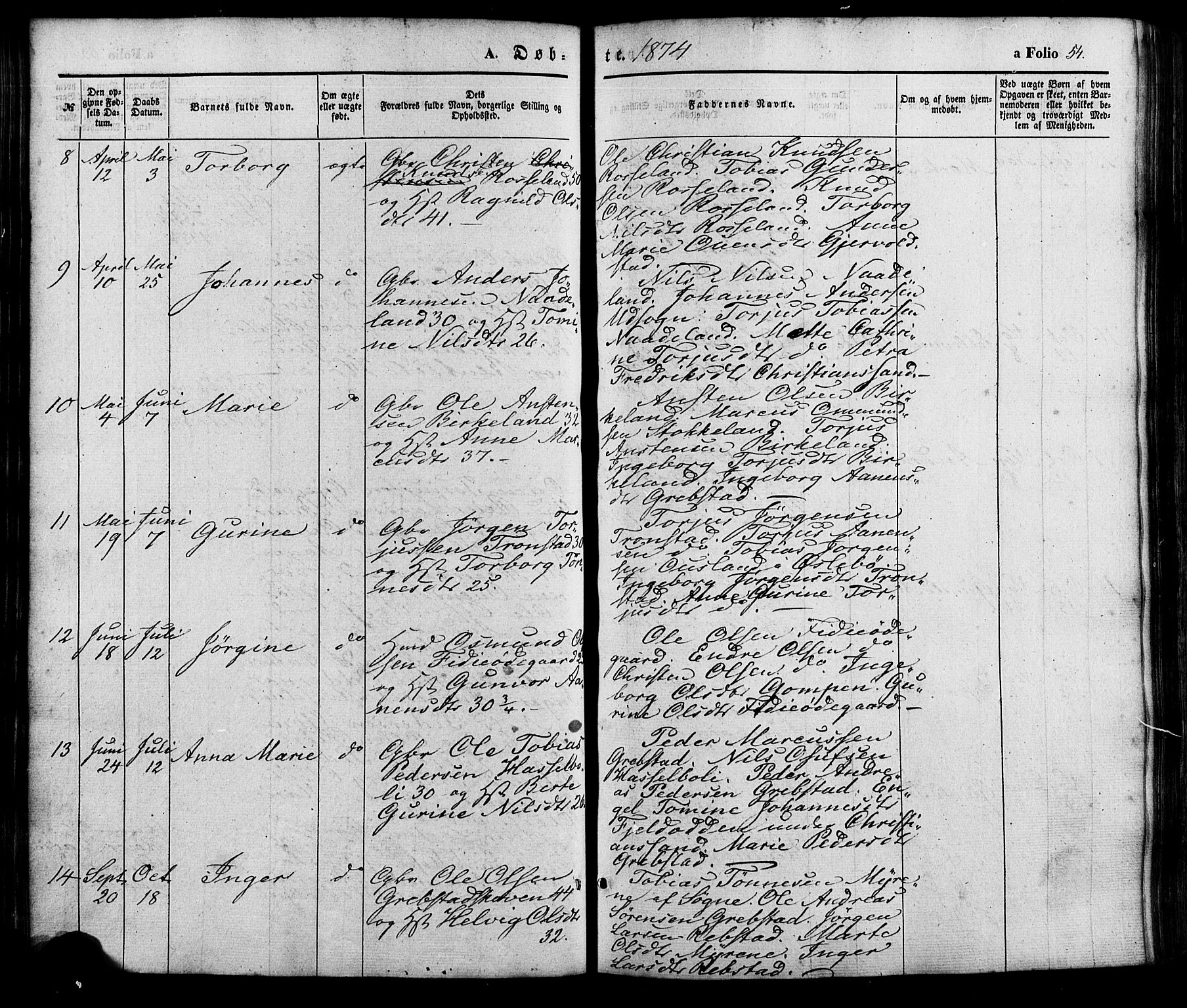 Søgne sokneprestkontor, AV/SAK-1111-0037/F/Fa/Faa/L0002: Parish register (official) no. A 2, 1854-1882, p. 54