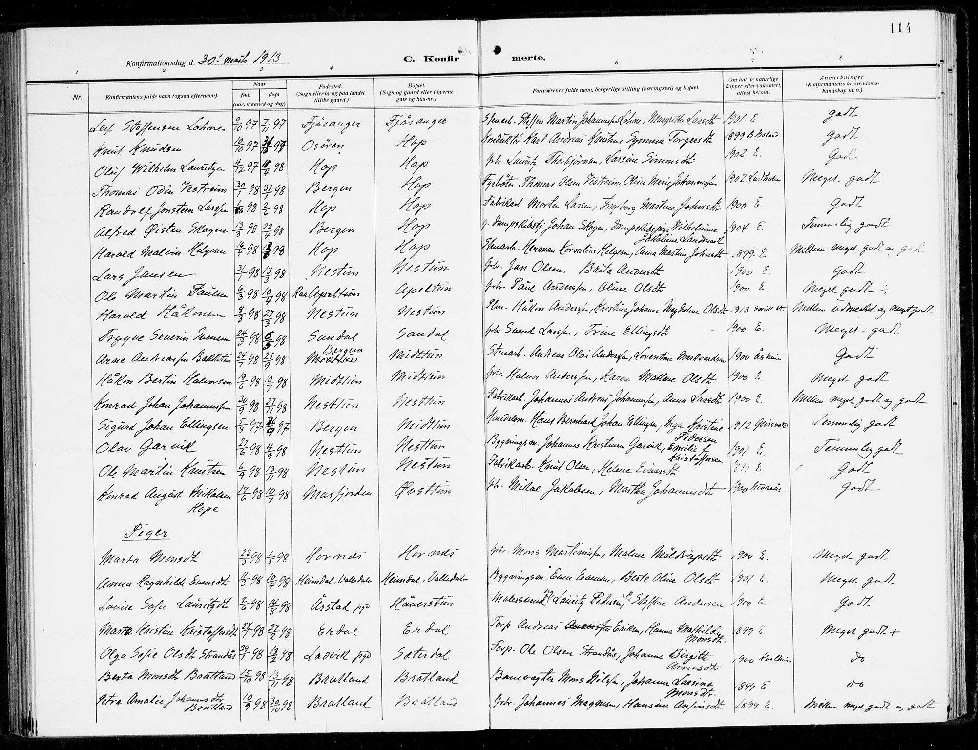 Fana Sokneprestembete, AV/SAB-A-75101/H/Haa/Haai/L0004: Parish register (official) no. I 4, 1912-1933, p. 114