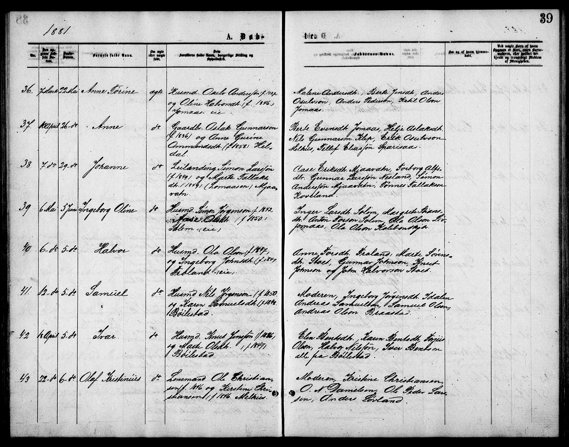 Froland sokneprestkontor, AV/SAK-1111-0013/F/Fb/L0009: Parish register (copy) no. B 9, 1875-1893, p. 39