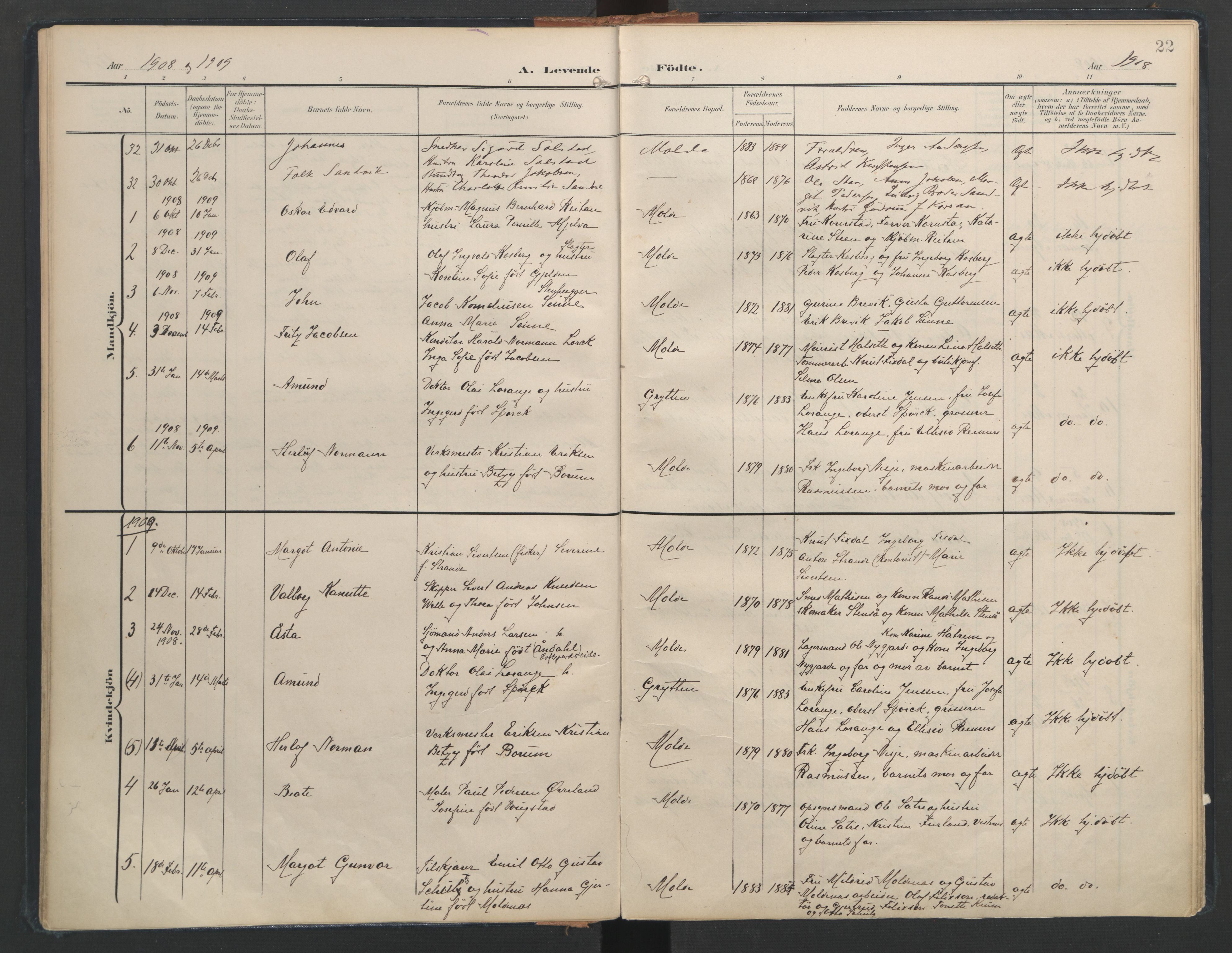 Ministerialprotokoller, klokkerbøker og fødselsregistre - Møre og Romsdal, SAT/A-1454/558/L0693: Parish register (official) no. 558A07, 1903-1917, p. 22