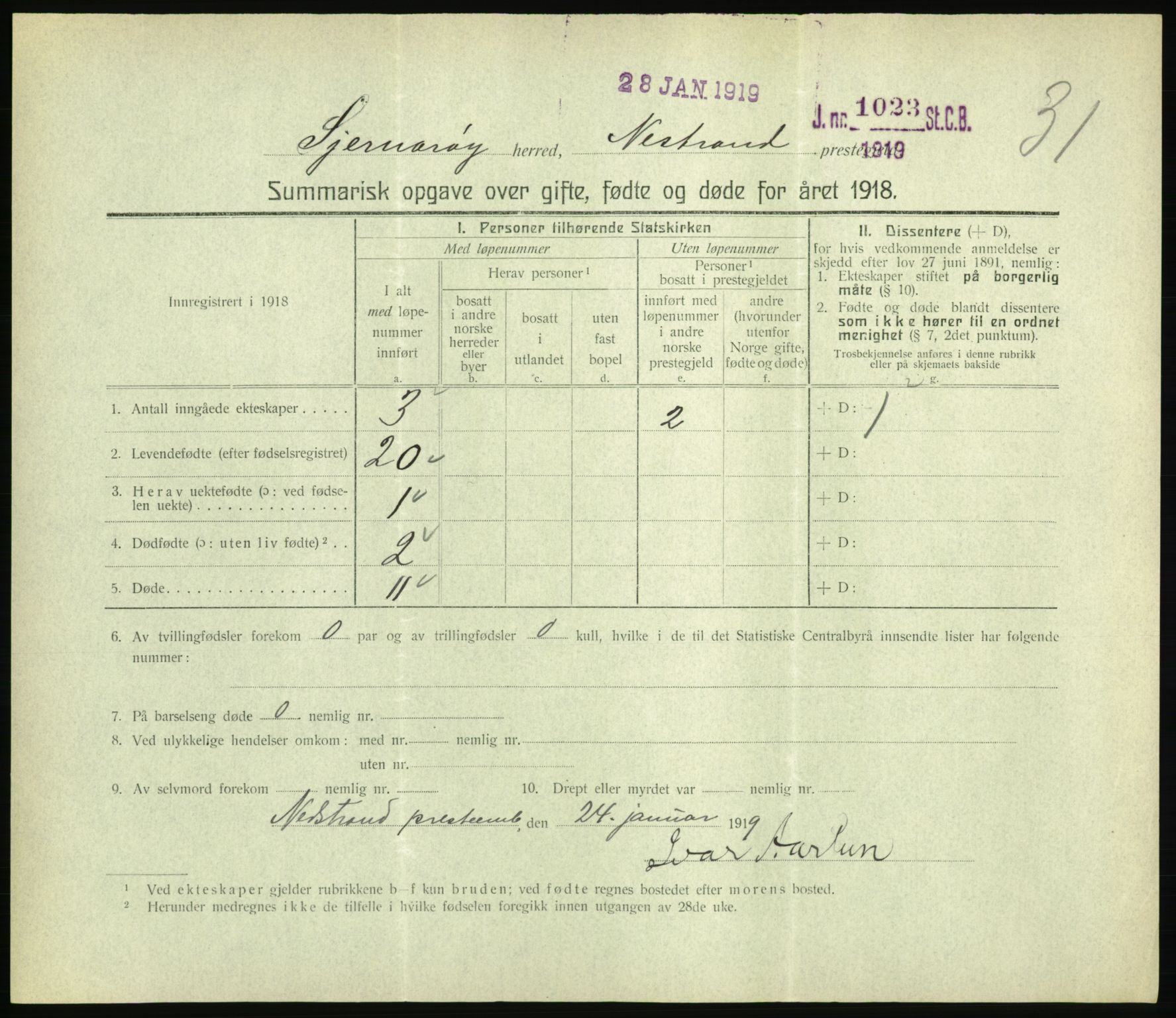 Statistisk sentralbyrå, Sosiodemografiske emner, Befolkning, RA/S-2228/D/Df/Dfb/Dfbh/L0059: Summariske oppgaver over gifte, fødte og døde for hele landet., 1918, p. 839