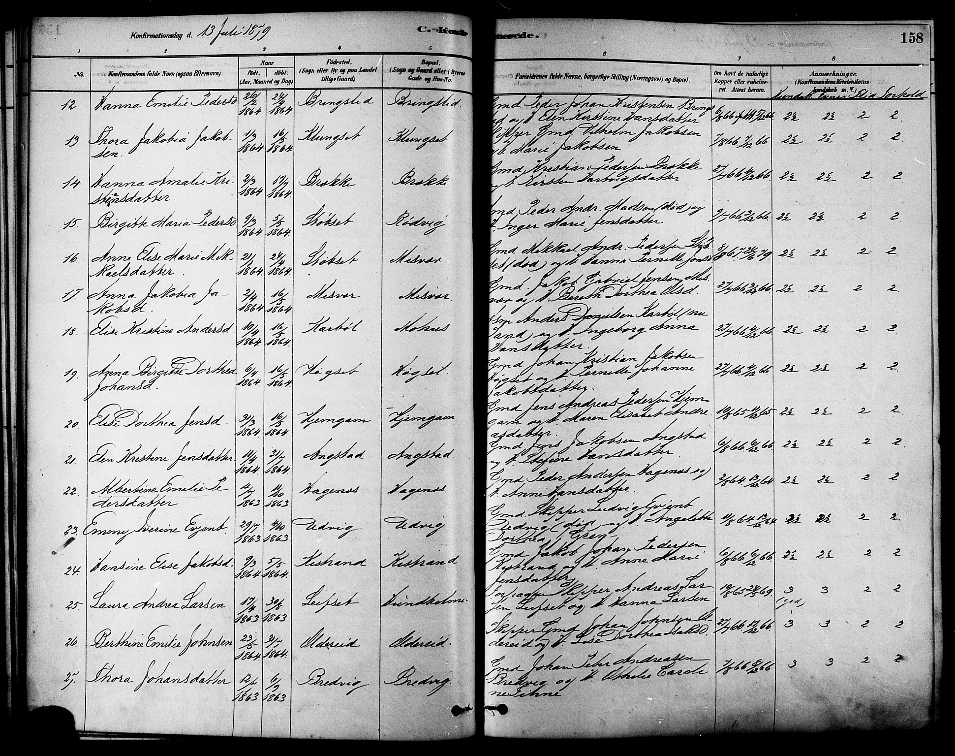 Ministerialprotokoller, klokkerbøker og fødselsregistre - Nordland, SAT/A-1459/852/L0740: Parish register (official) no. 852A10, 1878-1894, p. 158